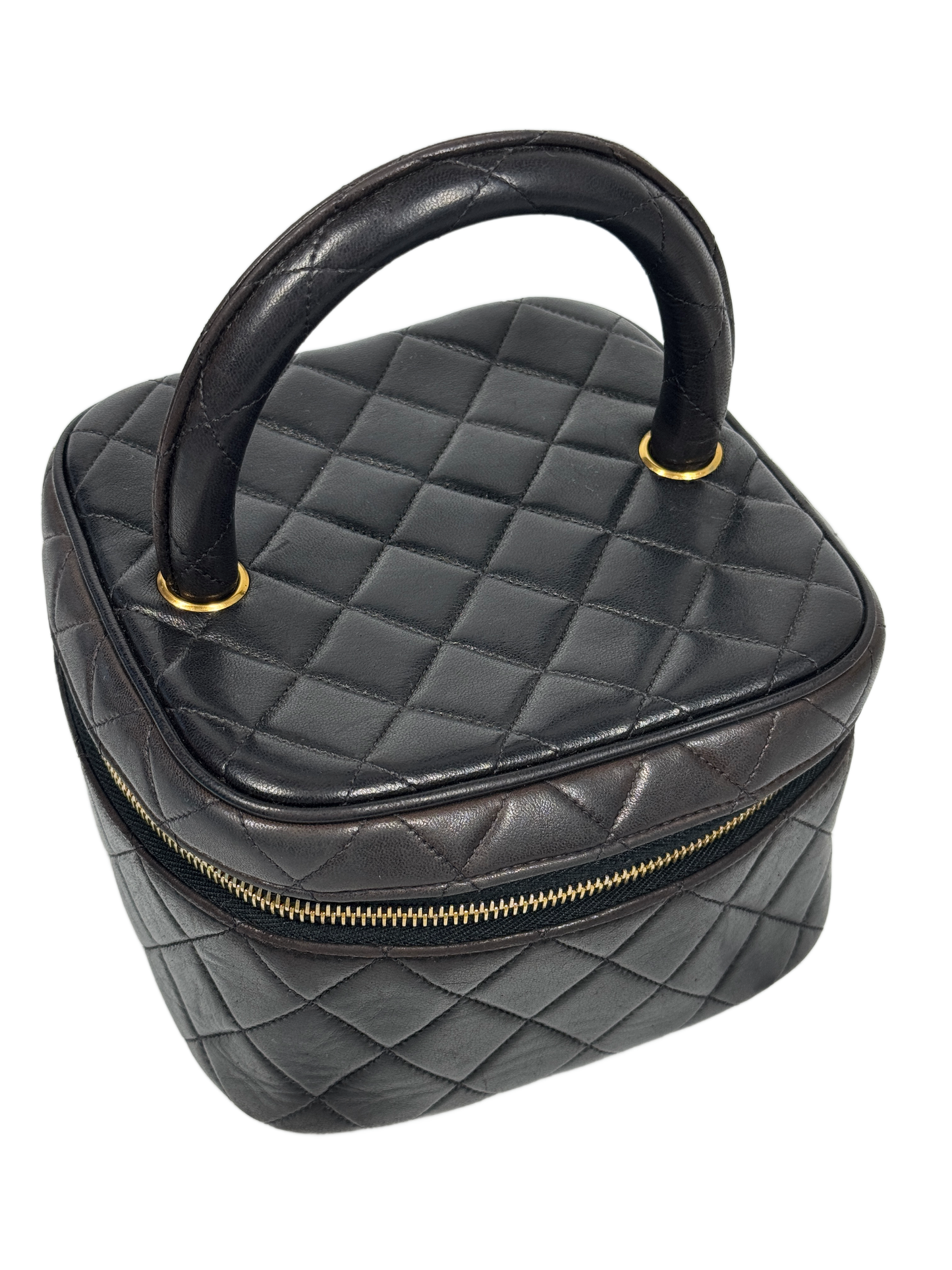 Chanel Vintage 90s Black Quilted Lambskin Top Handle Vanity Bag