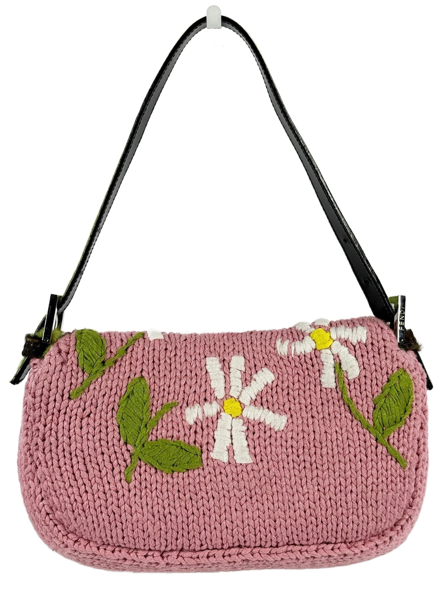 Fendi Vintage Pink Knit Crochet Floral Embroidered Green Cow Print Pony Hair Trim Shoulder Baguette Bag