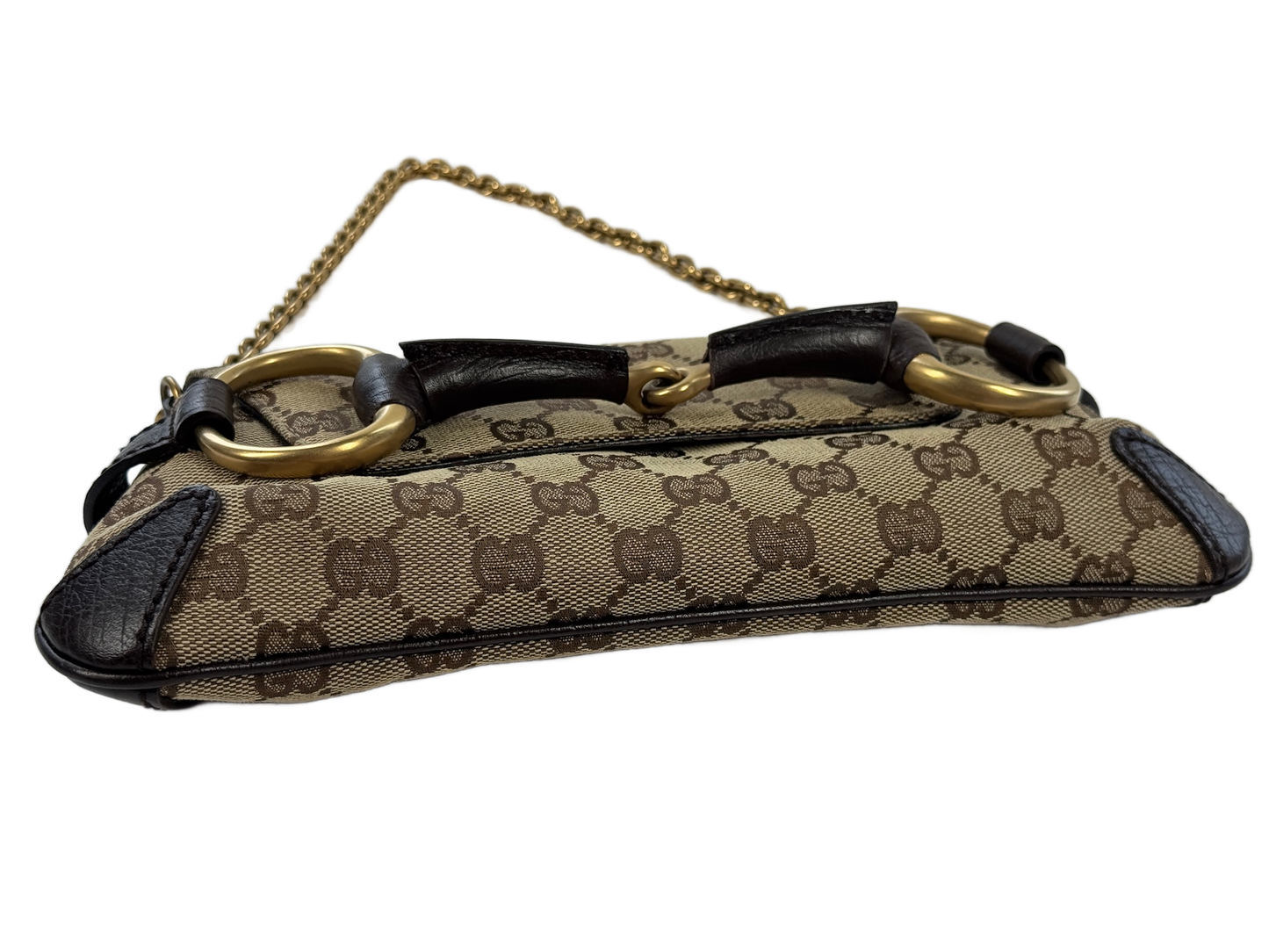 Gucci Vintage Brown GG Monogram Horsebit Small Chain Shoulder Clutch Bag