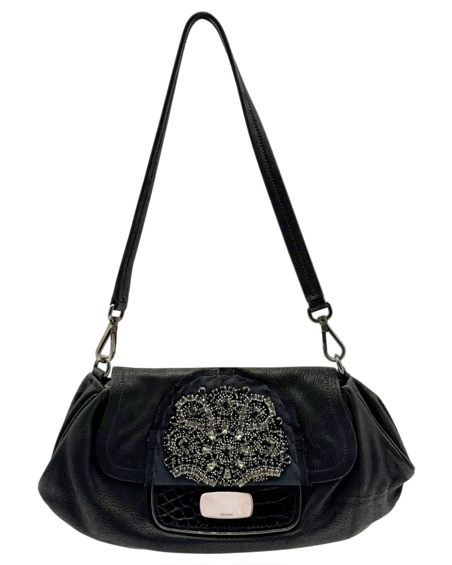 Prada Vintage Black Leather Croc Embellished Small Shoulder Pochette Bag