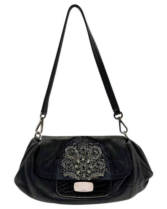 Prada Vintage Black Leather Croc Embellished Small Shoulder Pochette Bag