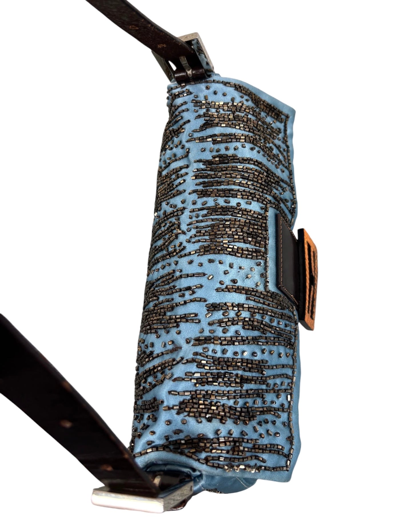 Fendi Vintage Blue Silk Beaded Orange Lizard Trim Shoulder Baguette Bag 