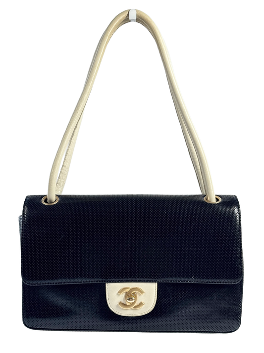 Chanel Vintage 00s Two-Toned Black & White Perforated Leather Classic Flap Bag w Aged Gold Hardware