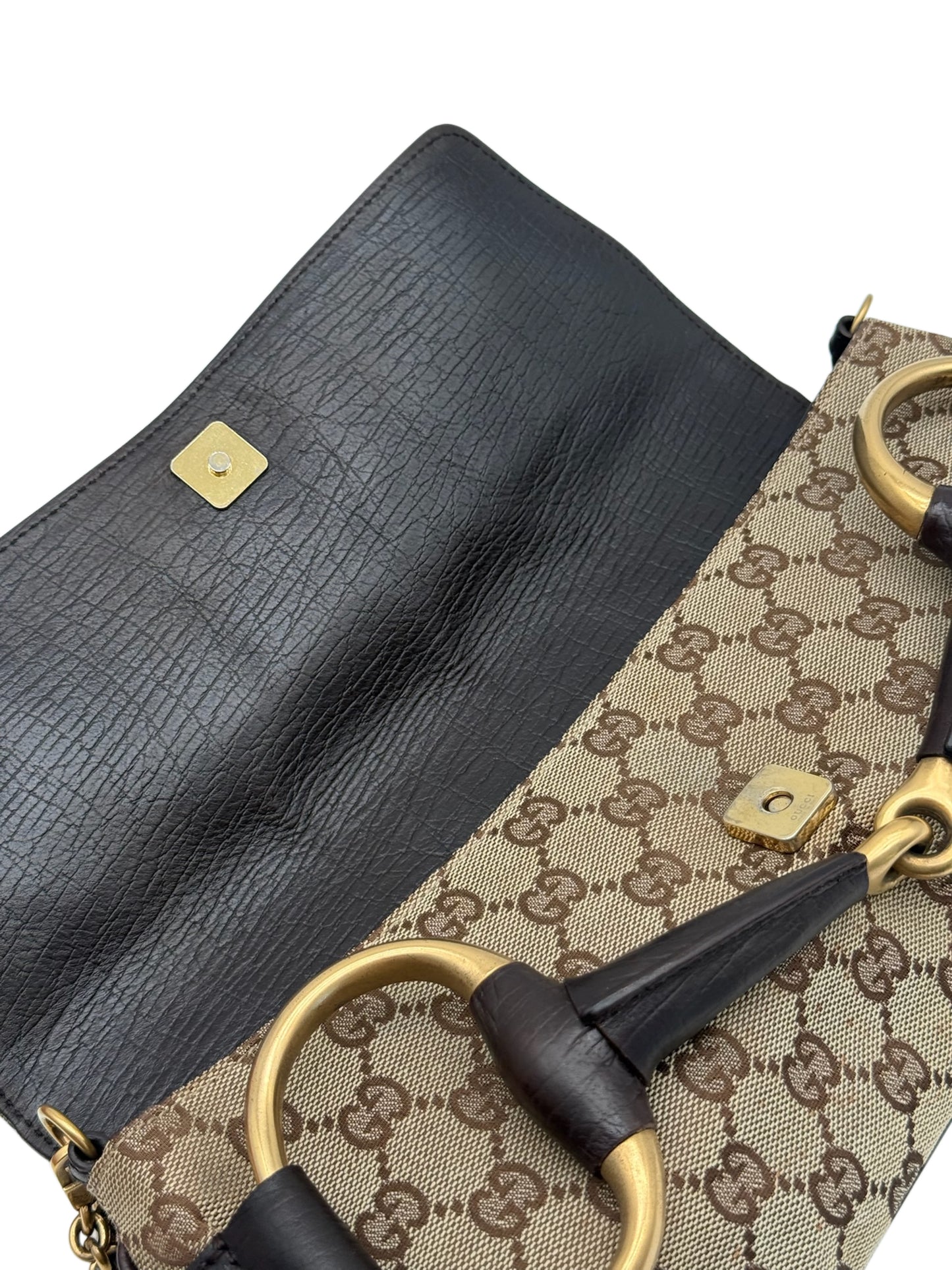 Gucci Vintage Brown GG Monogram Large Horsebit Shoulder Clutch Pochette Bag