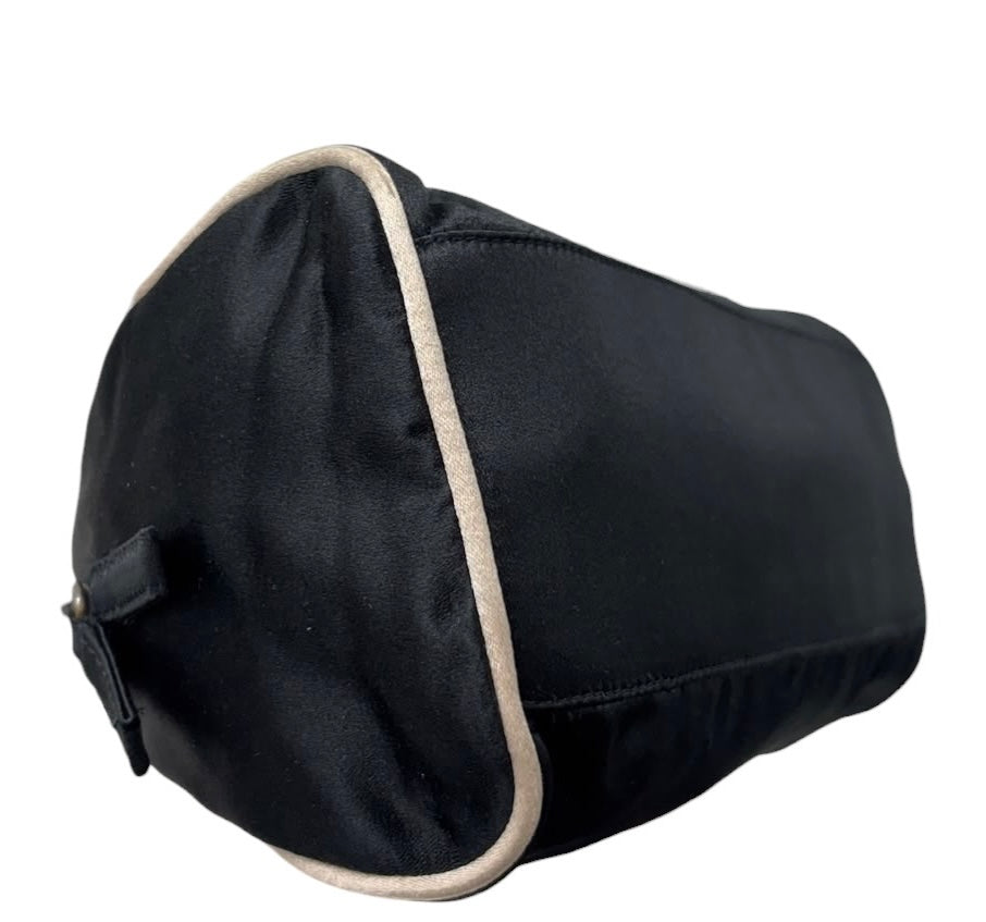 Prada Vintage Black Satin White Trim Mini Bowler Shoulder Pochette Bag