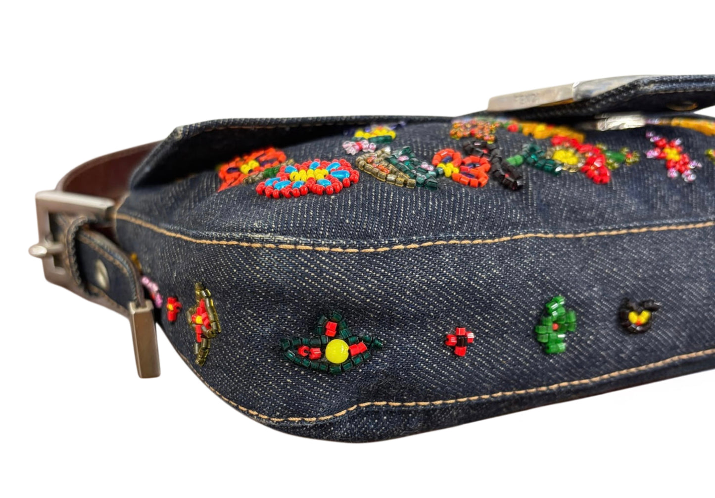 Fendi Vintage Blue Denim Floral Embroidered Beaded Shoulder Baguette Bag