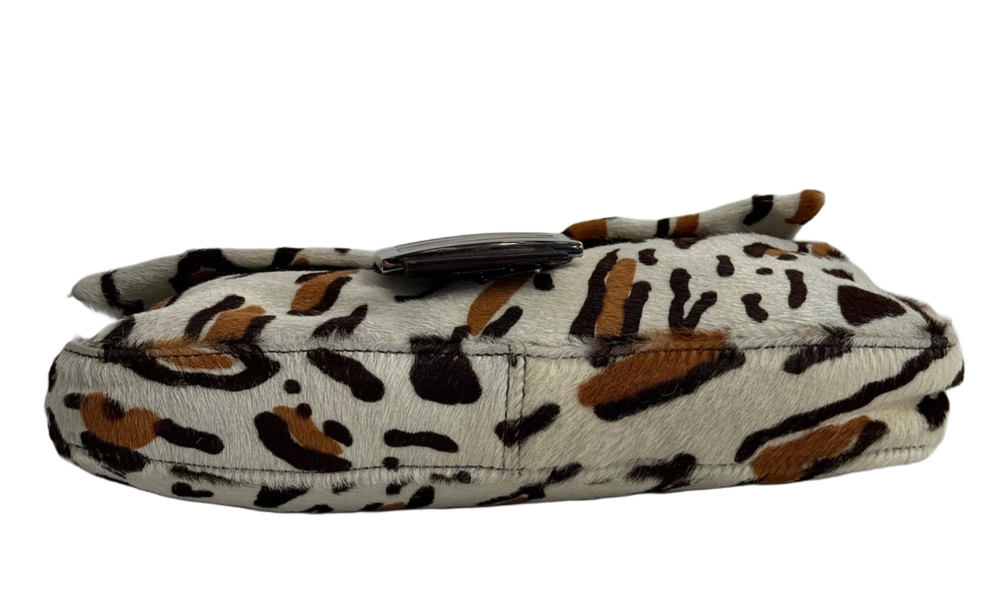 Fendi Vintage White & Brown Leopard Print Pony Hair Shoulder Baguette Bag
