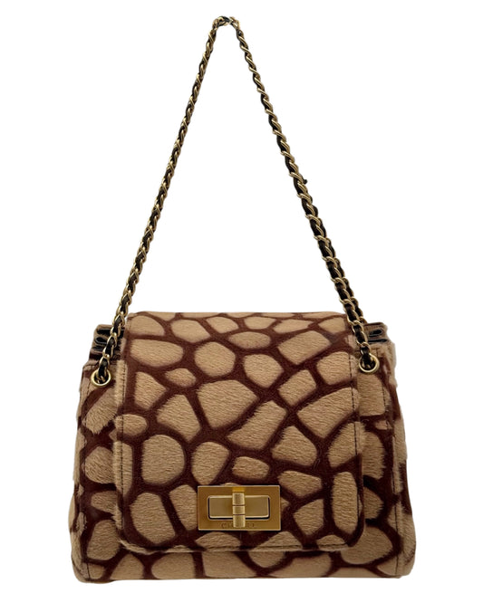 Chanel Vintage 00s Beige & Brown Giraffe Print Pony Hair Logo Reissue Turnlock Mini Top Handle Flap Bag