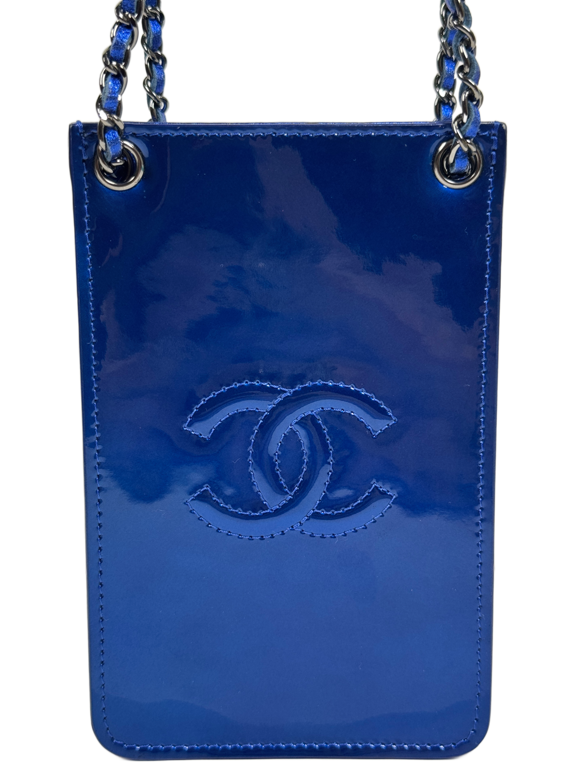 Chanel 2014 Cobalt Blue Metallic Patent Leather Phone Holder Shoulder Crossbody Bag