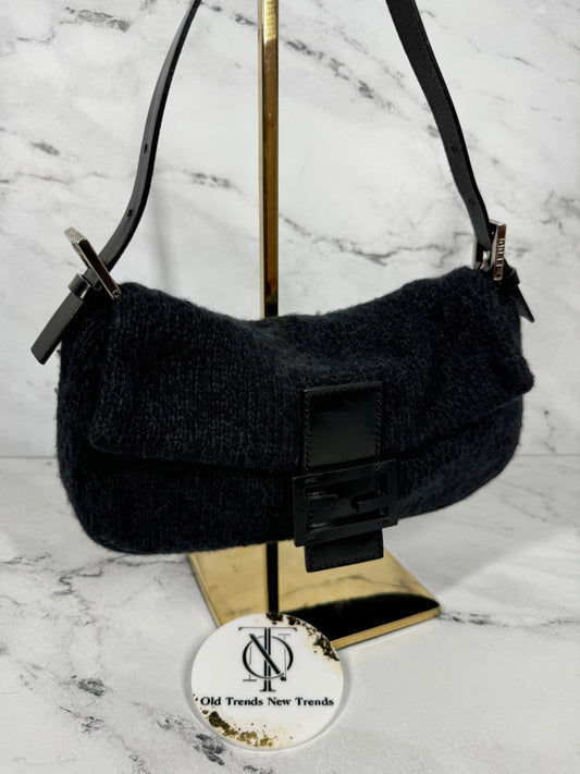 Fendi Vintage Dark Gray & Black Wool Knit Baguette Shoulder Bag