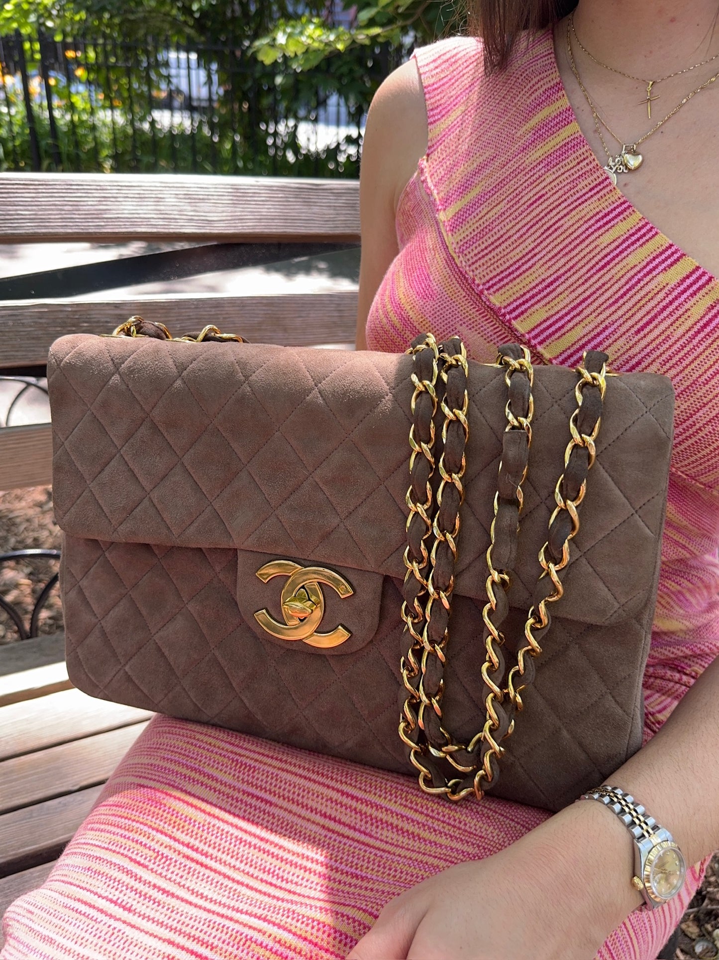 Chanel Vintage 90s Brown Quilted Suede Jumbo CC Shoulder Classic Single Flap Bag