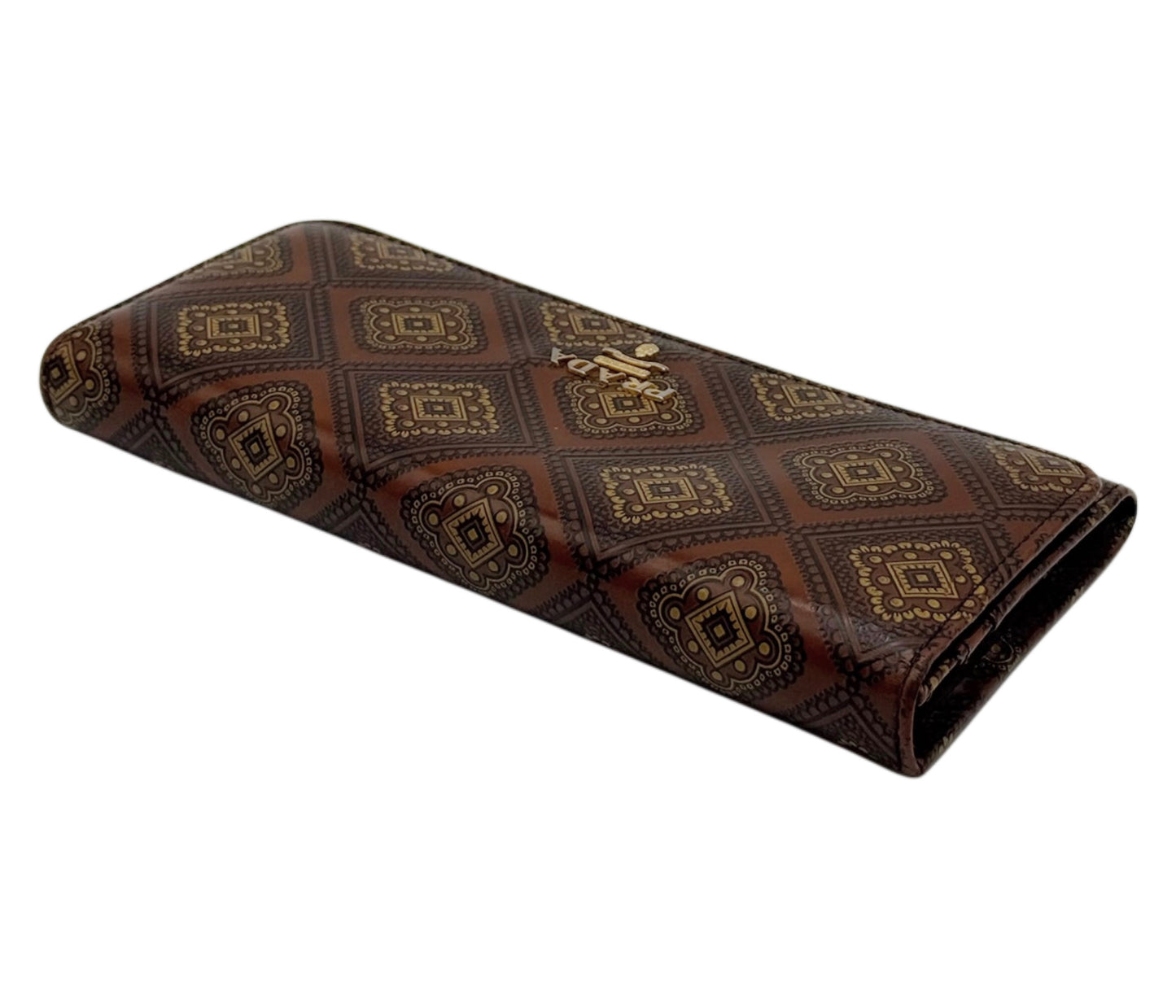 Prada Vintage Brown Leather Floral Pattern Long Snap Wallet