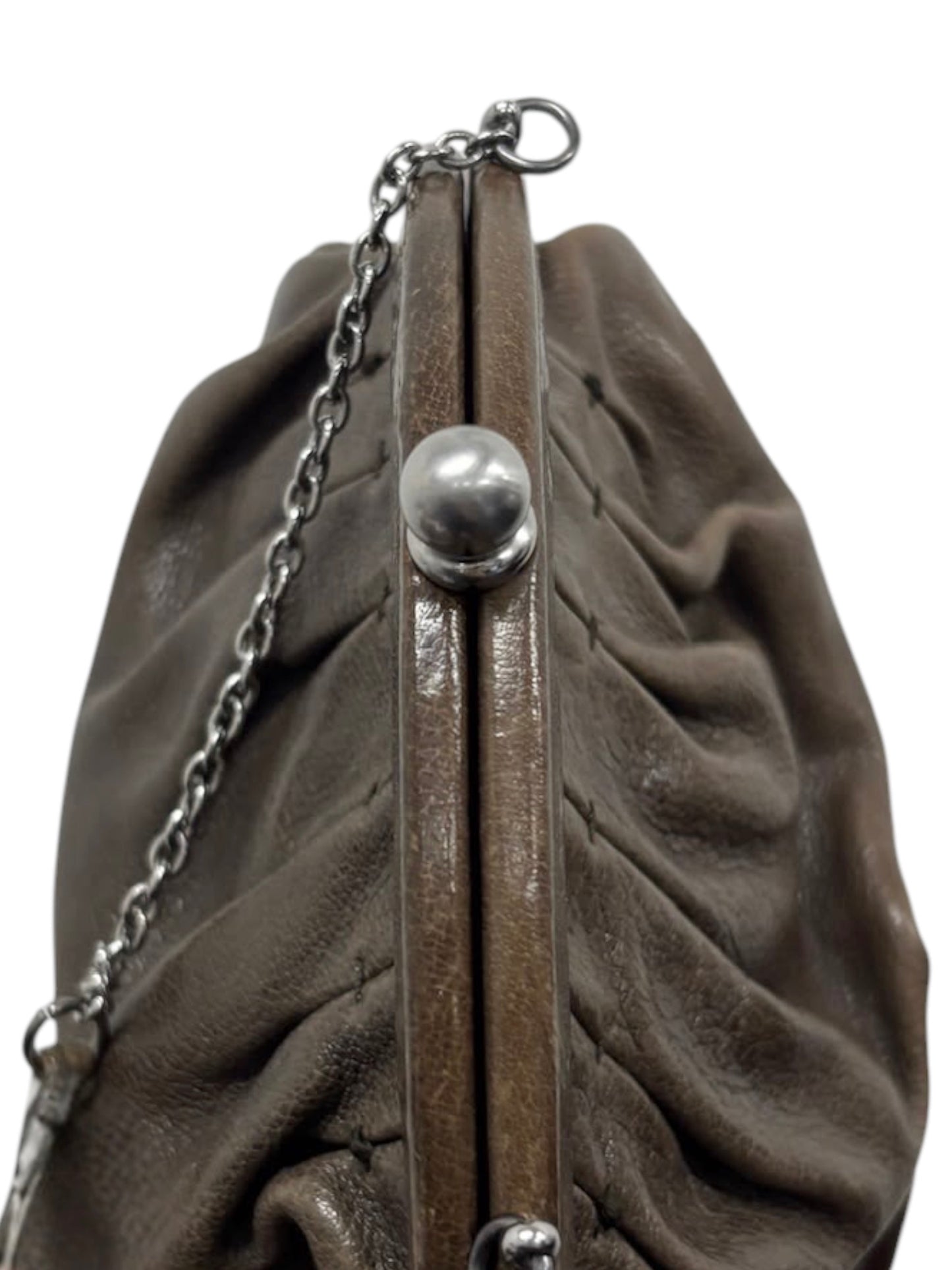 Prada Vintage Light Brown Calfskin Gathered Kisslock Clutch Chain Bag