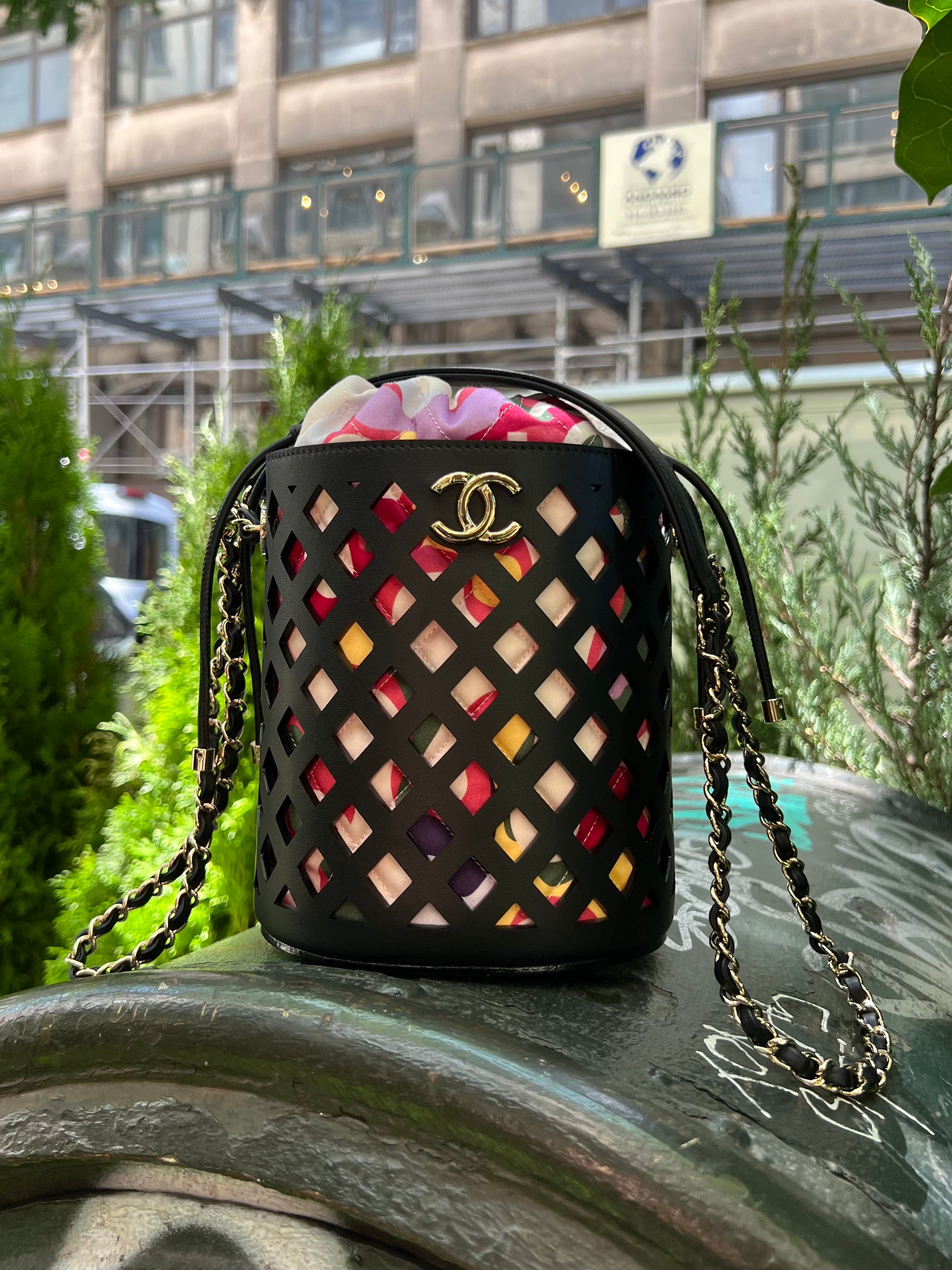 Chanel Black See Through Perforated Leather Bucket Bag W Quilted Drawstring Pouch & Lghw