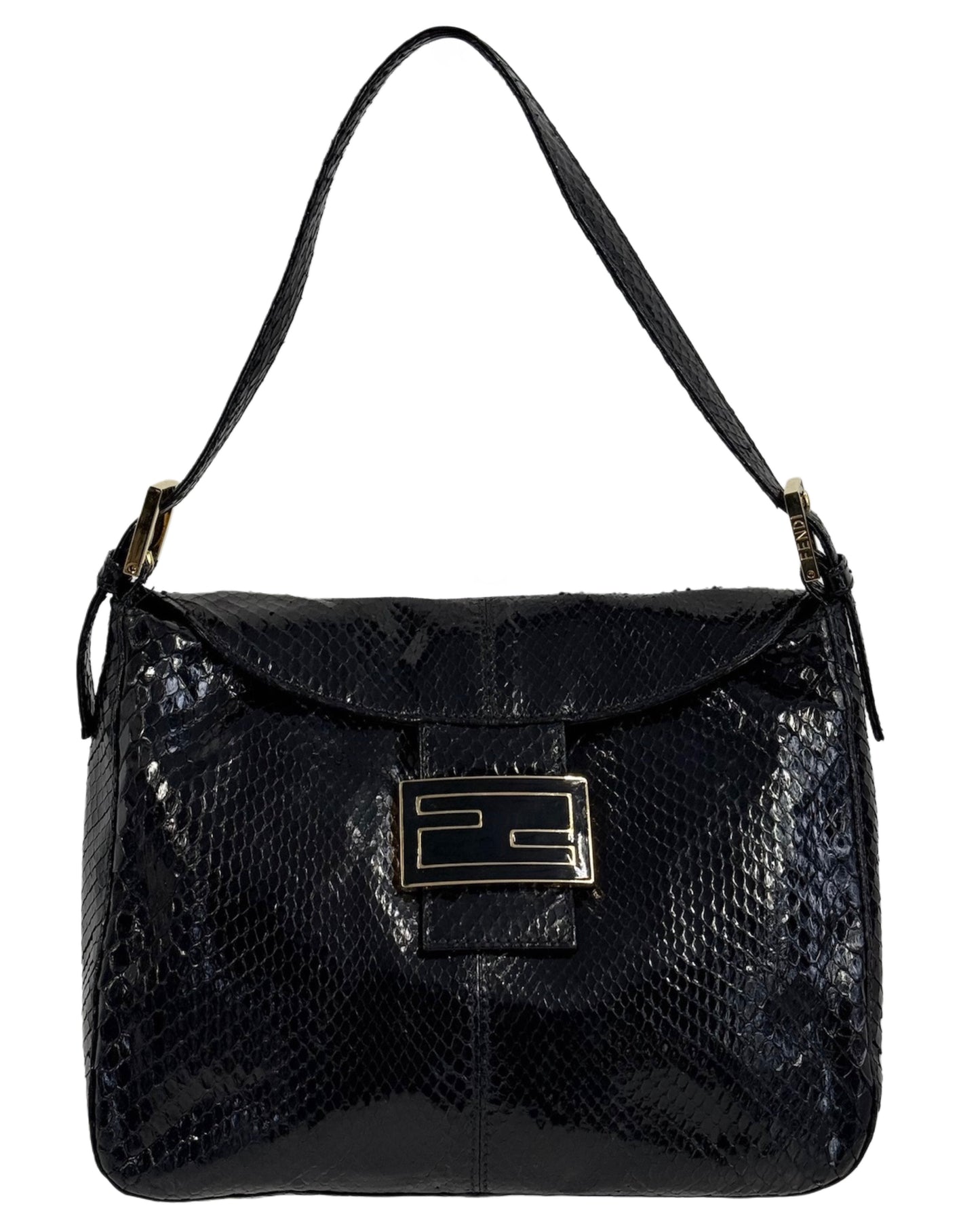 Fendi Vintage Black Snakeskin Double Flap Small Hobo Shoulder Baguette Bag