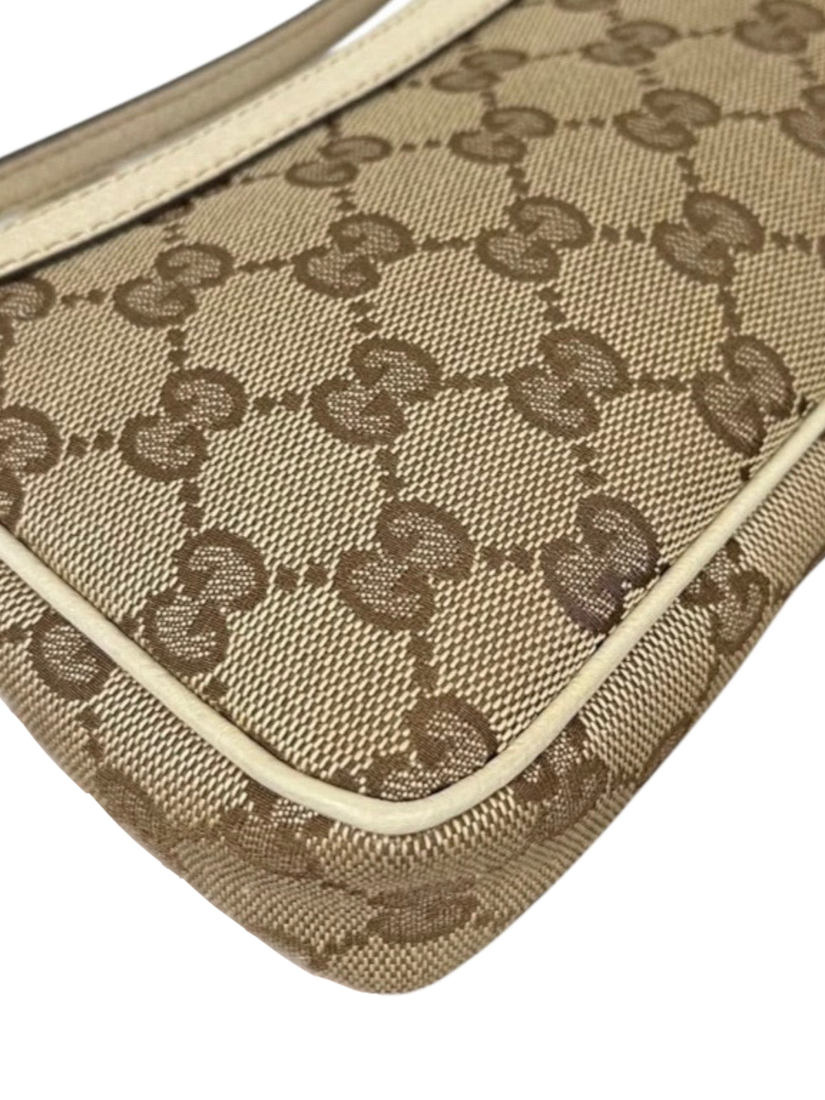 Gucci Vintage Brown GG Monogram Ivory Leather Trim Mini Charmy Shoulder Pochette Bag