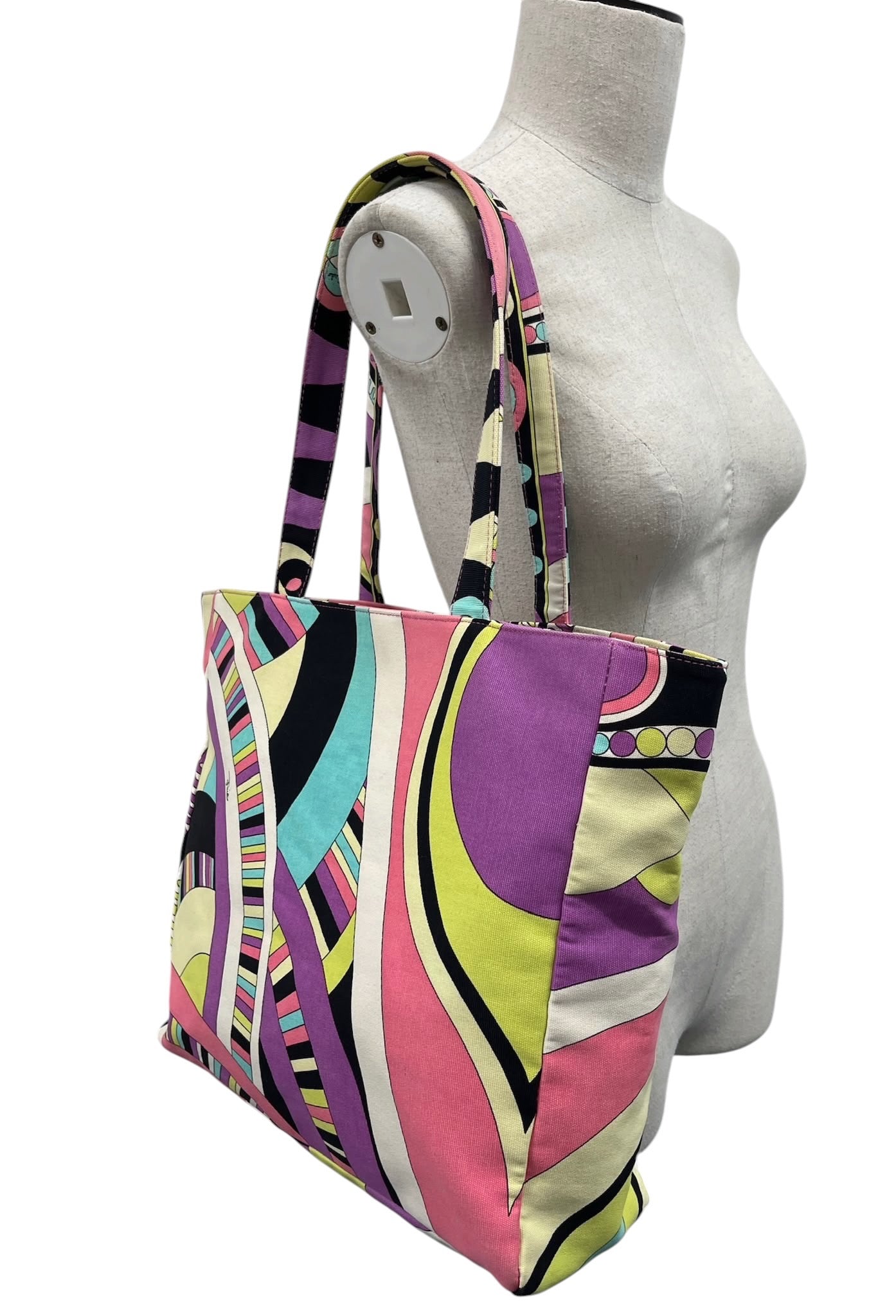 Emilio Pucci Vintage Pink Purple Green Canvas Large Shoulder Tote Bag