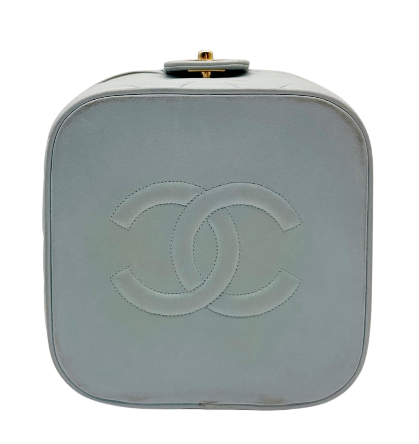 Chanel Vintage 90s Baby Blue Quilted Lambskin Top Handle Vanity Bag w 24K GPHW