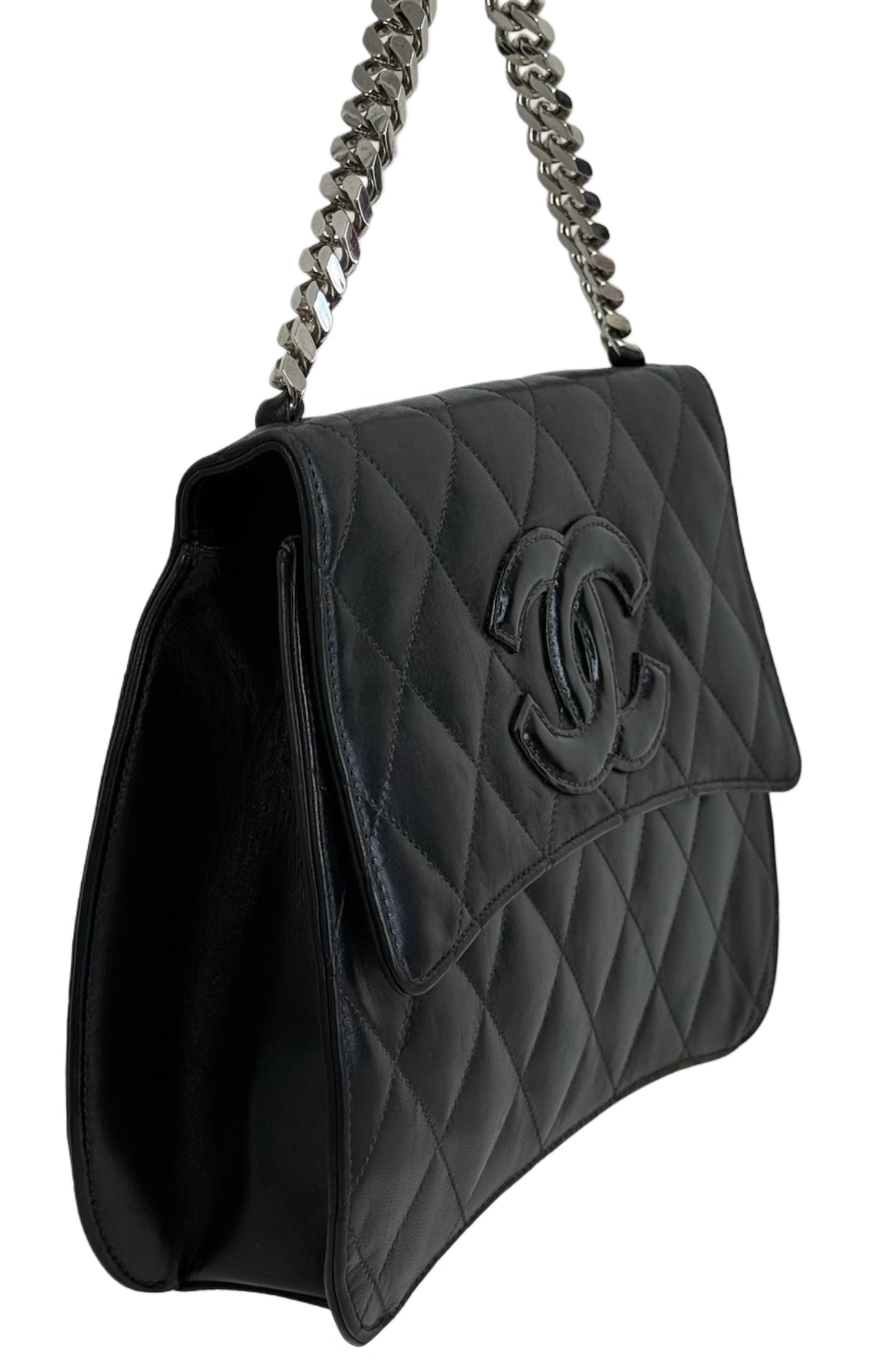 Chanel Vintage 90s Black Quilted Lambskin Patent CC Logo Bracelet Bag