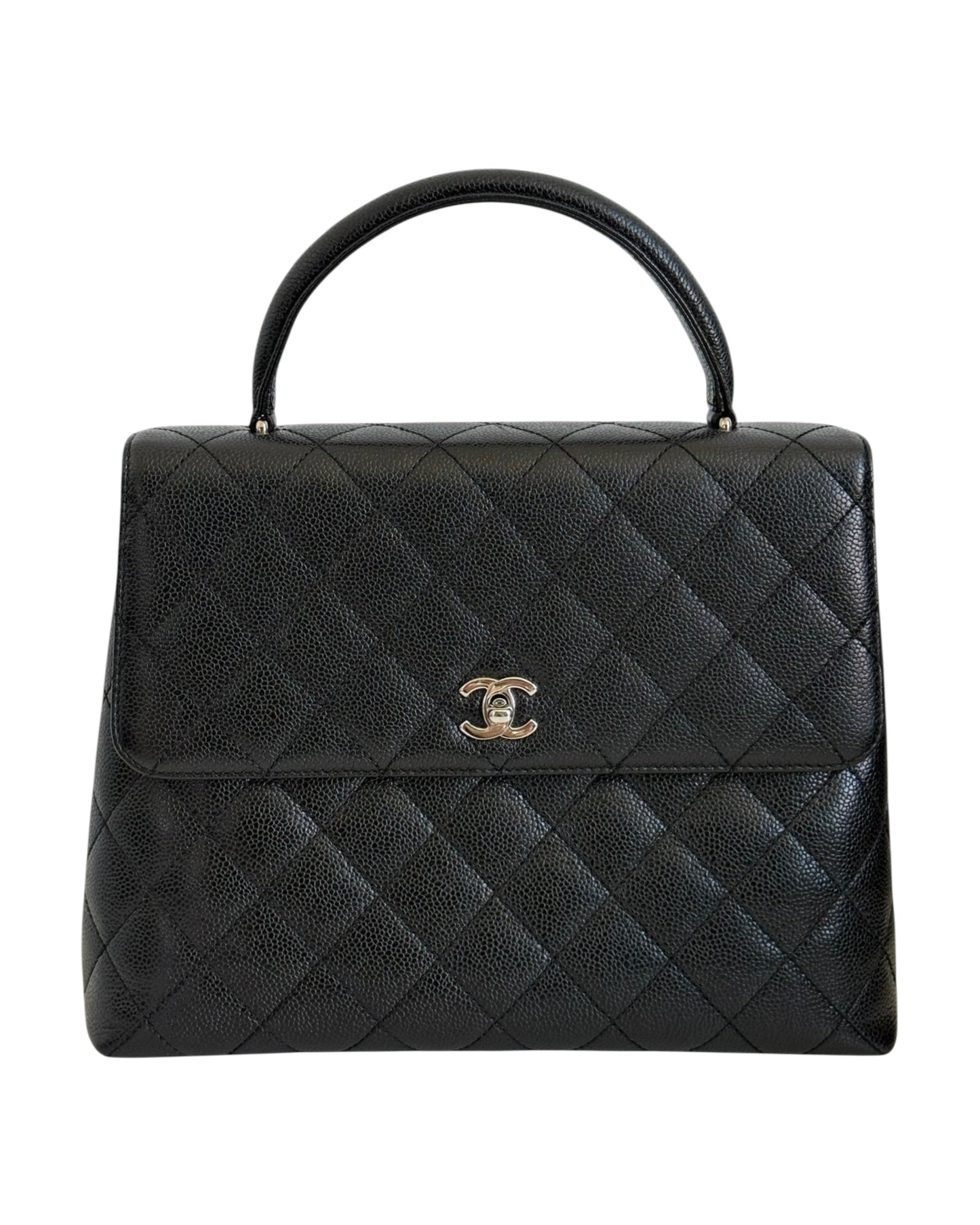 Chanel Vintage 00s Black Quilted Caviar Large Kelly Top Handle Flap Bag with Silver Hardware