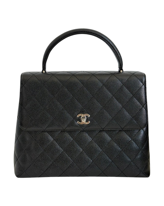 Chanel Vintage 00s Black Quilted Caviar Large Kelly Top Handle Flap Bag with Silver Hardware