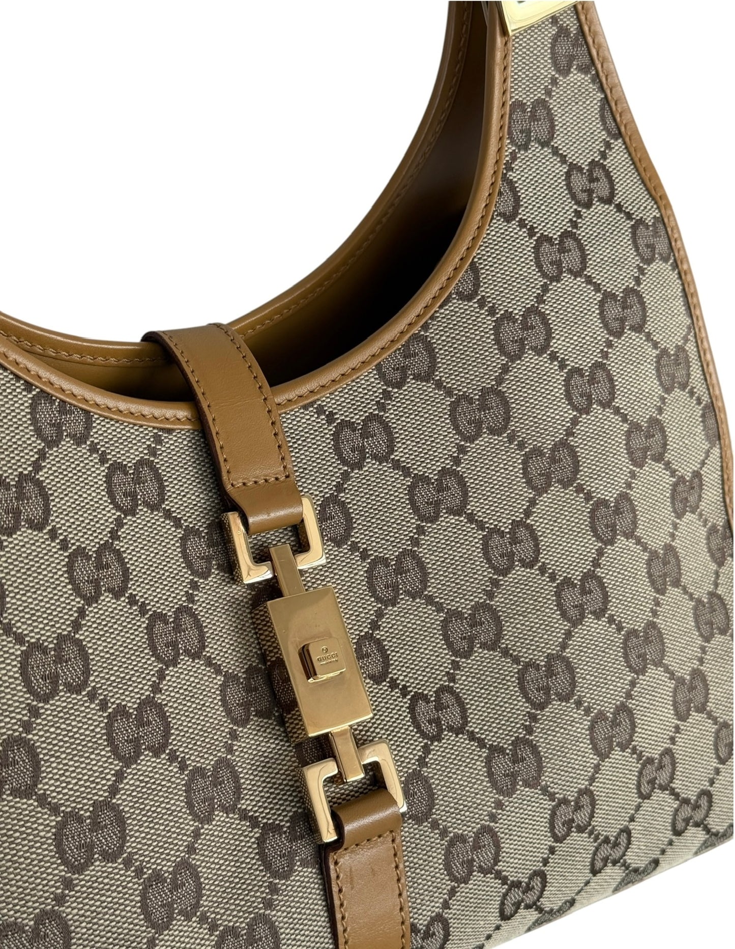Gucci Vintage Brown GG Monogram Light Brown Leather Trim Medium Jackie Shoulder Bag