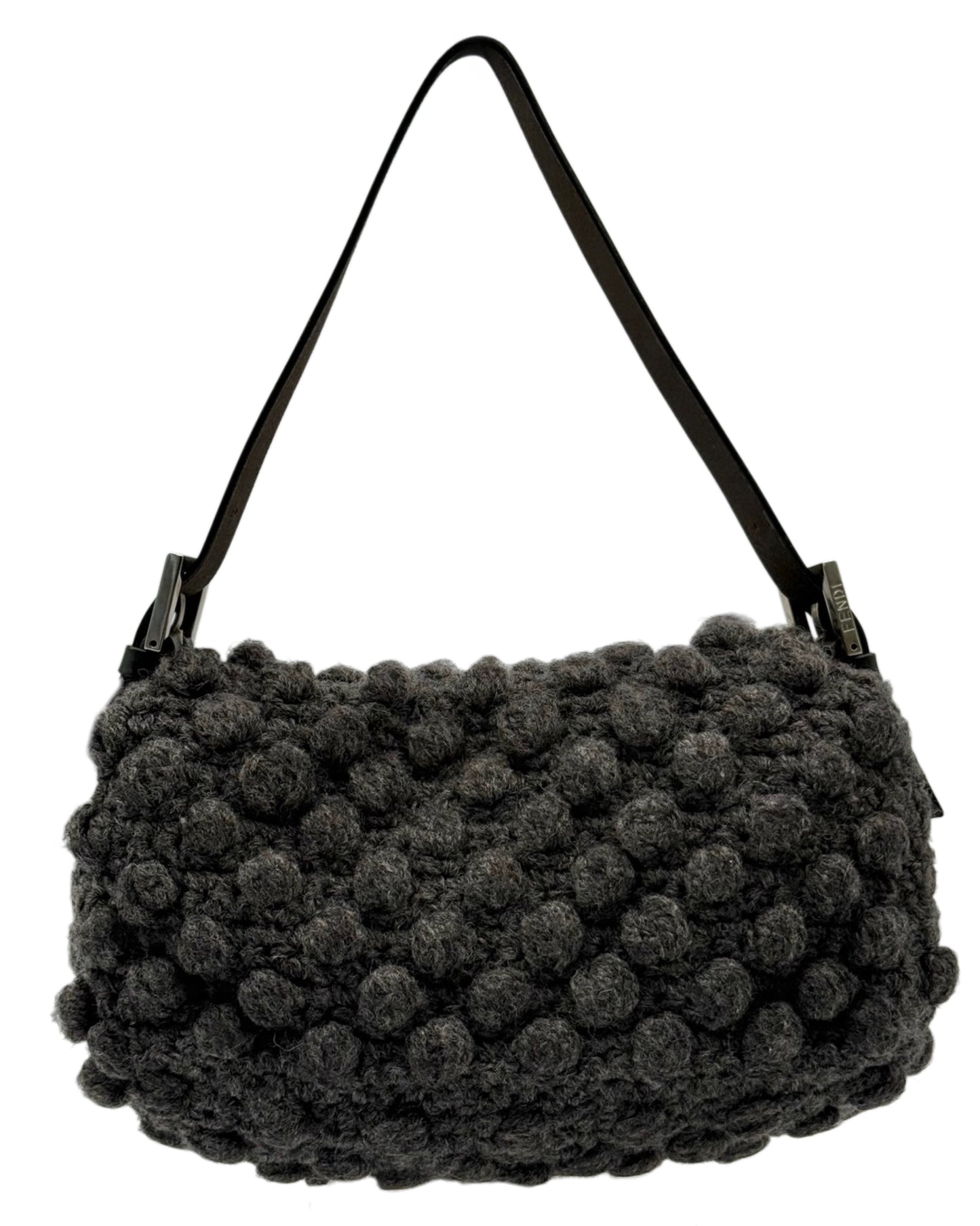Fendi Vintage Dark Gray Crochet Knit Shoulder Baguette Bag