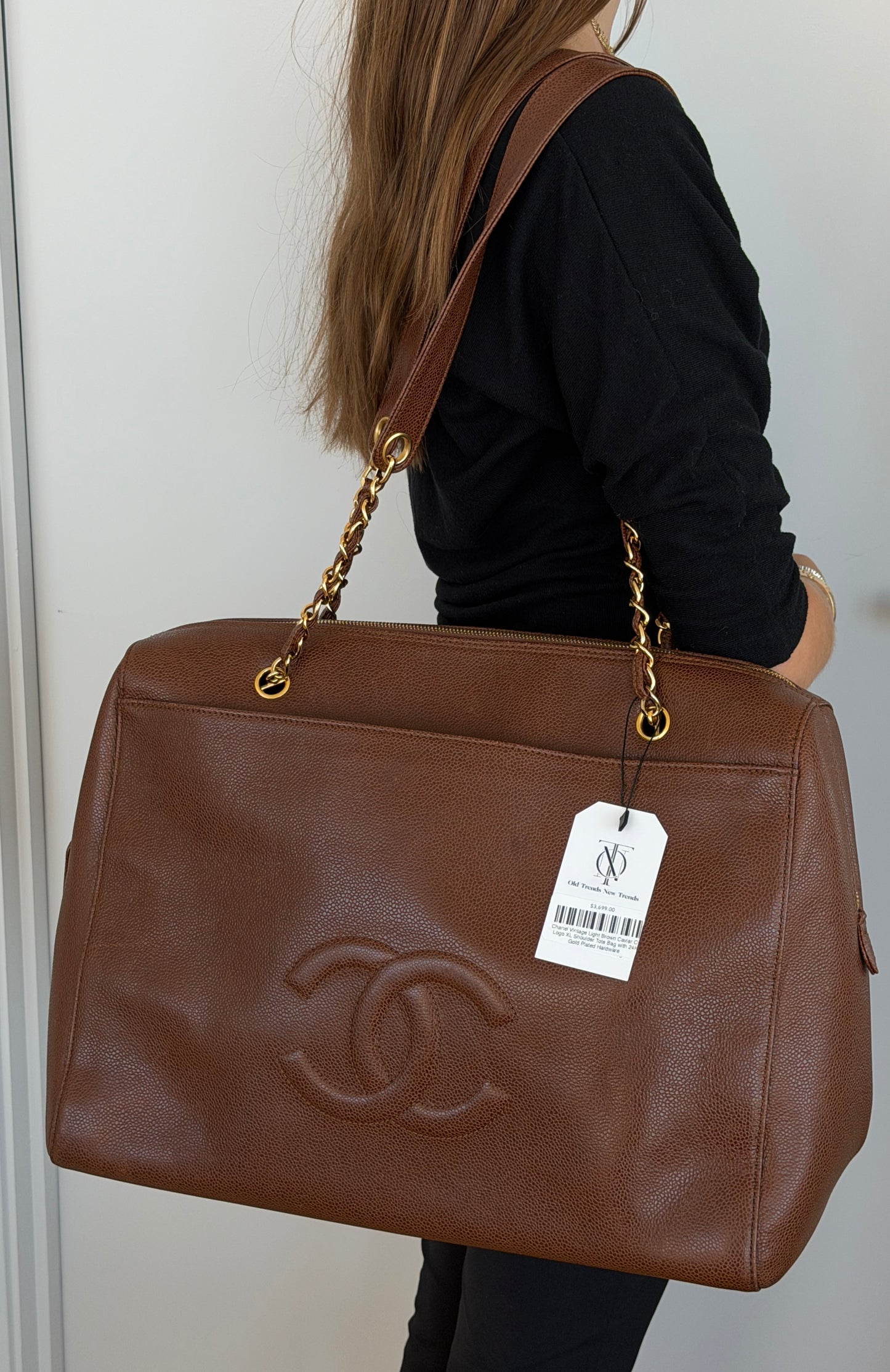 Chanel Vintage Light Brown Caviar CC Logo XL Shoulder Tote Bag with 24K Gold Plated Hardware