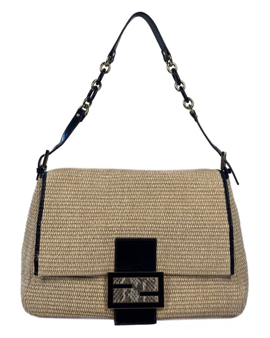 Fendi Vintage Beige Raffia Black Snakeskin Patent Leather Trim XL Mamma Baguette Shoulder Bag