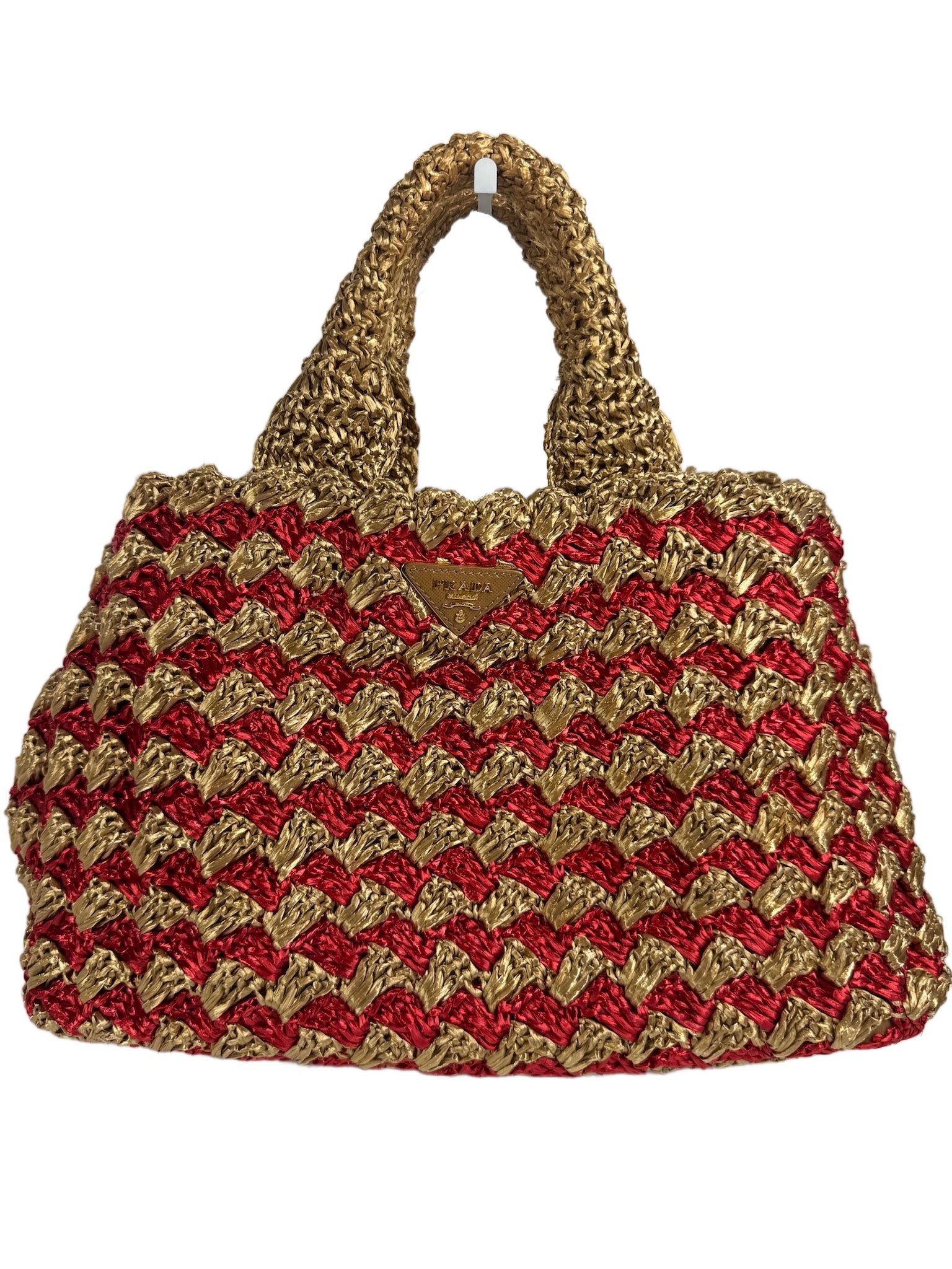Prada 2012 Red & Brown Crochet Raffia Medium Canapa Tote Bag
