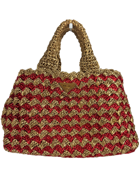 Prada 2012 Red & Brown Crochet Raffia Medium Canapa Tote Bag