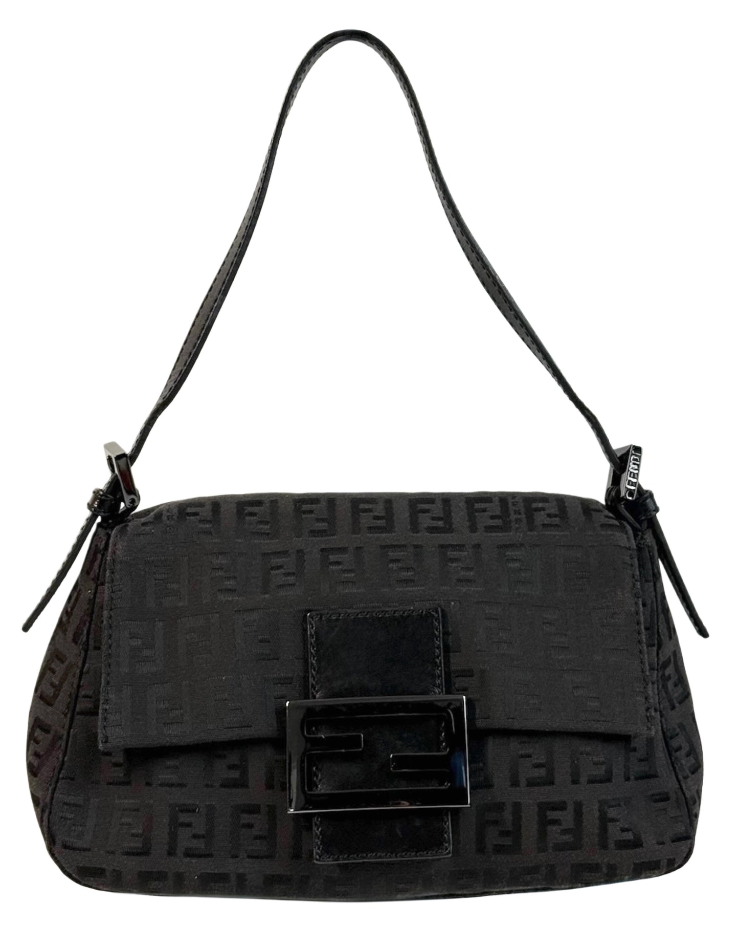 Fendi Vintage Black Zucchino Zucca Monogram Mini Mamma Shoulder Baguette Bag
