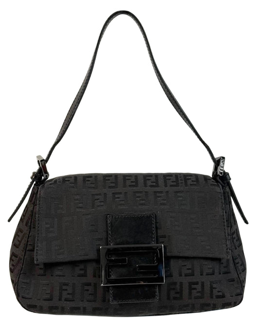 Fendi Vintage Black Zucchino Zucca Monogram Mini Mamma Shoulder Baguette Bag