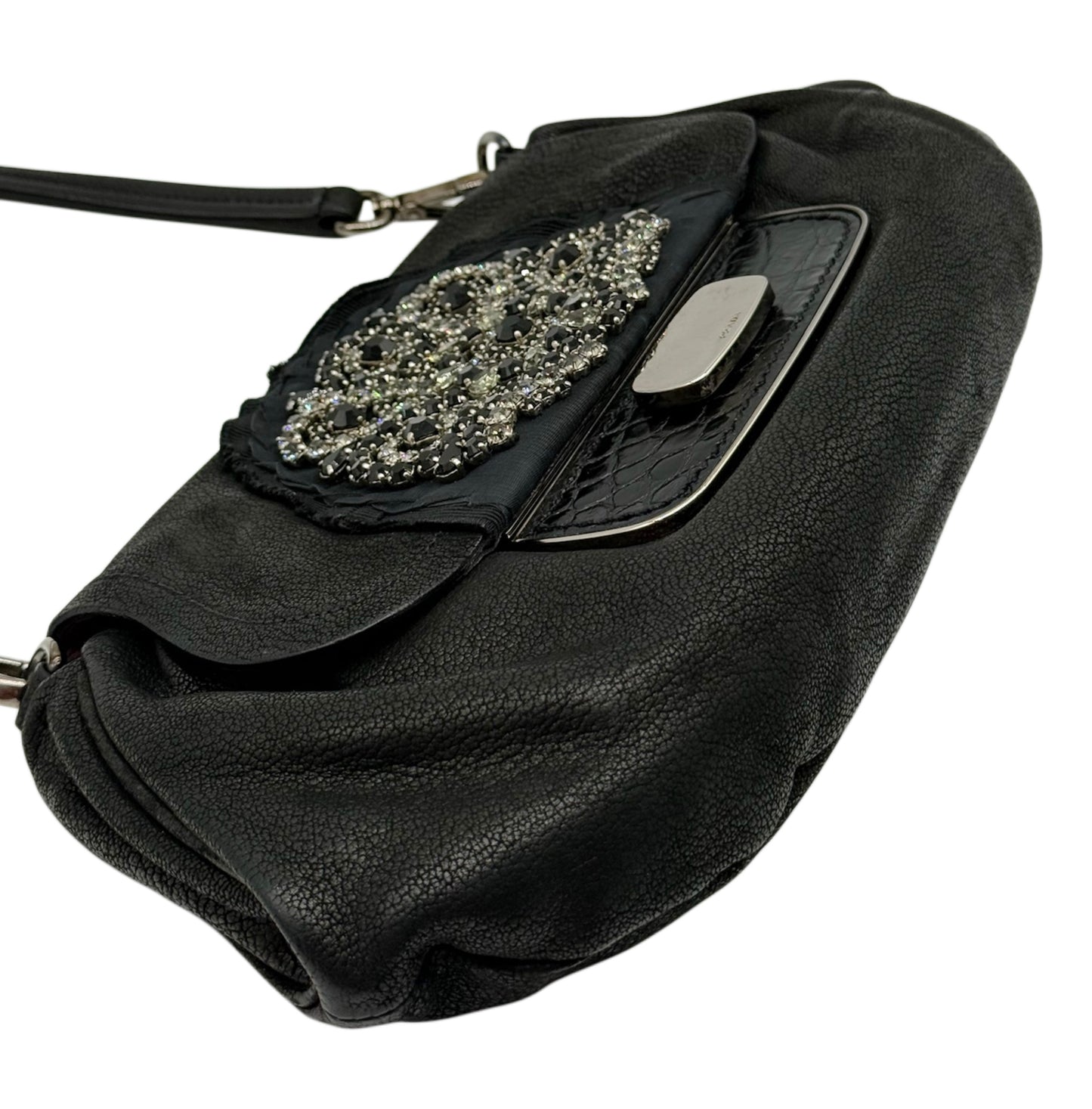 Prada Vintage Black Leather Croc Embellished Small Shoulder Pochette Bag