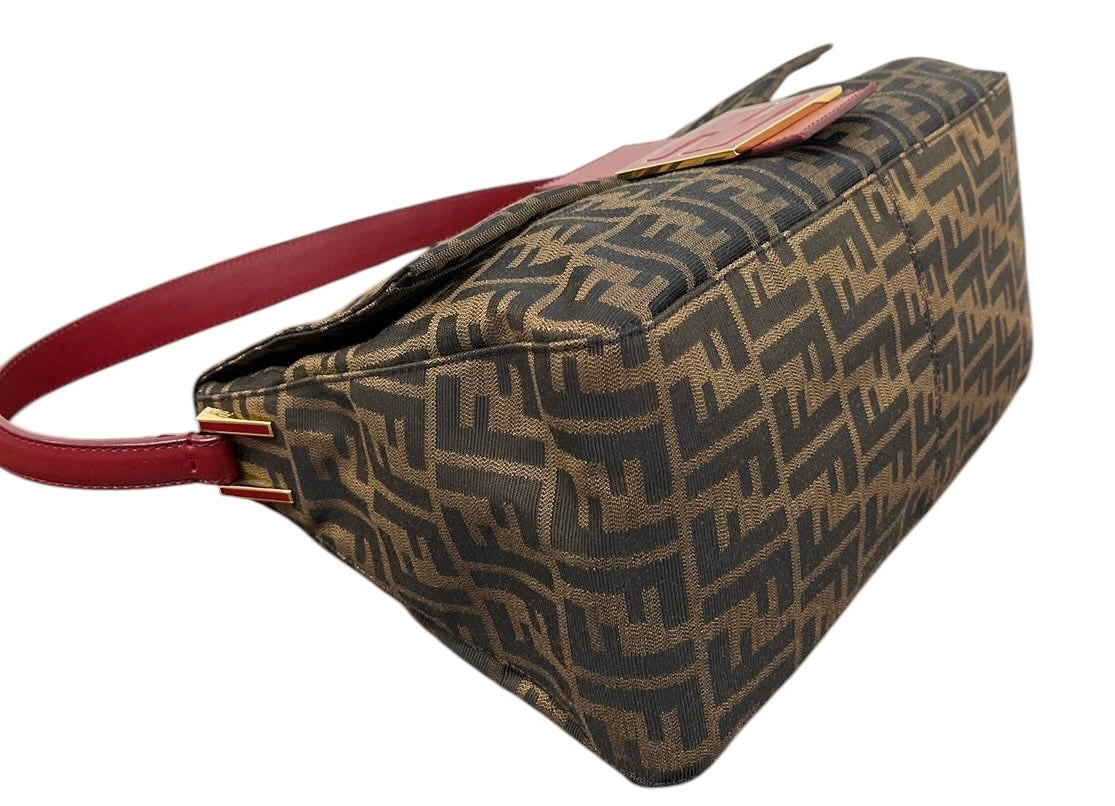 Fendi Vintage Brown Zucca Monogram Canvas Red Leather Trim XL Jumbo Mamma Baguette Shoulder Bag