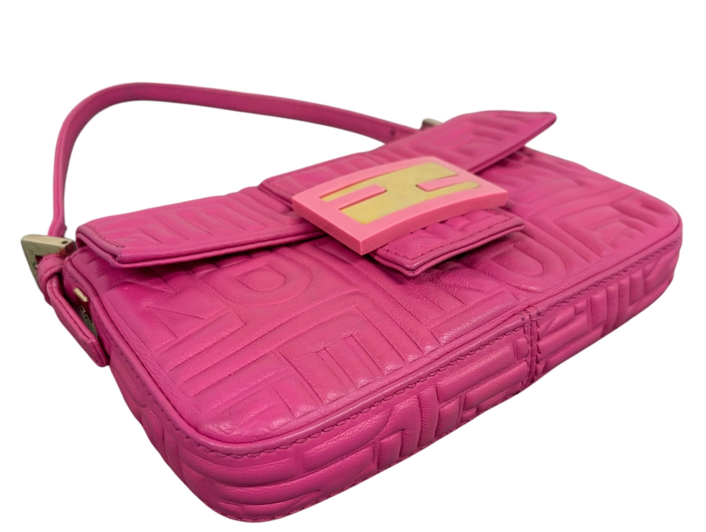 Fendi Pink Embossed Nappa Leather Logo Mini Shoulder Baguette Bag