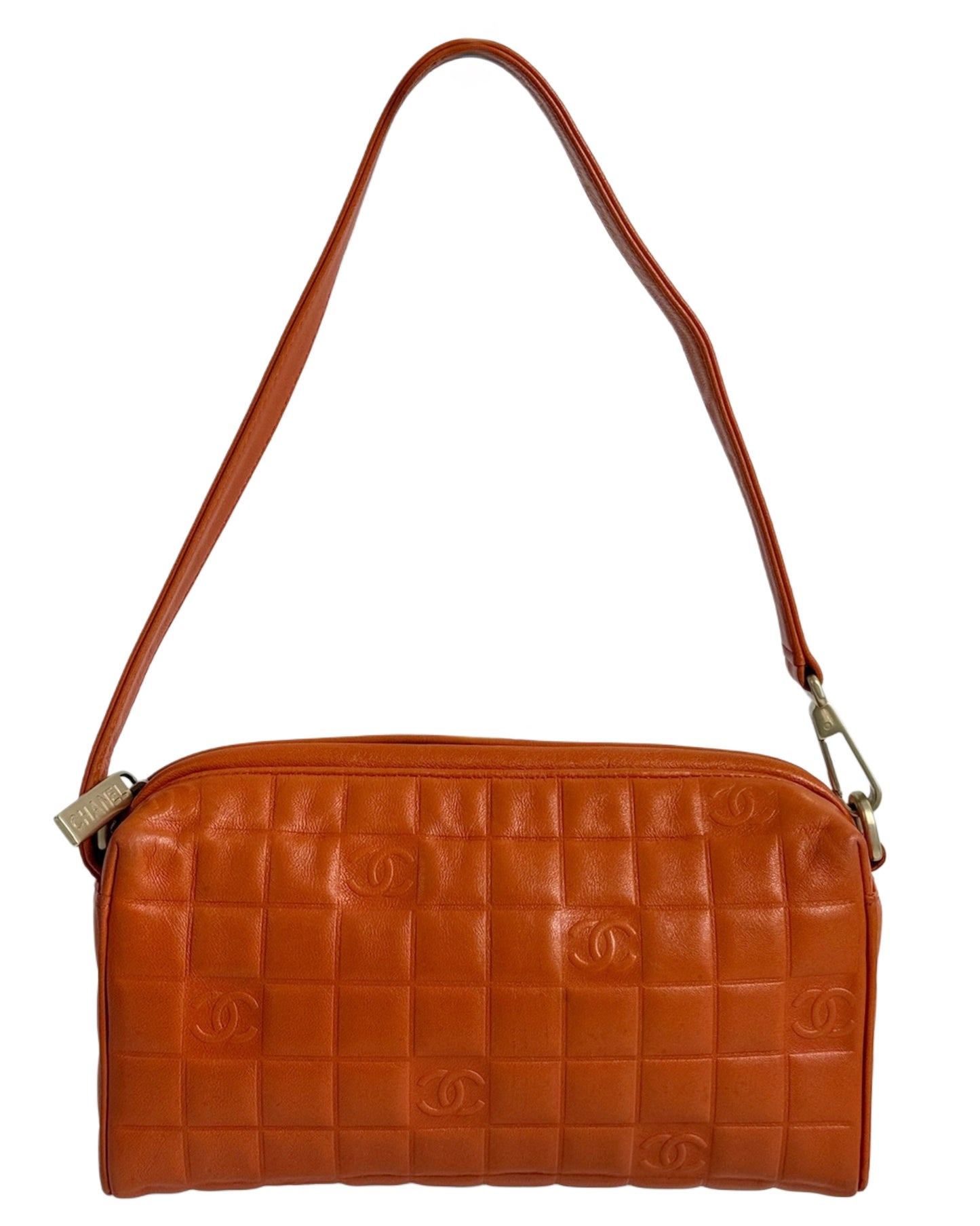 Chanel Vintage 2003 Orange Lambskin Chocolate Bar Quilted Shoulder Pochette Bag