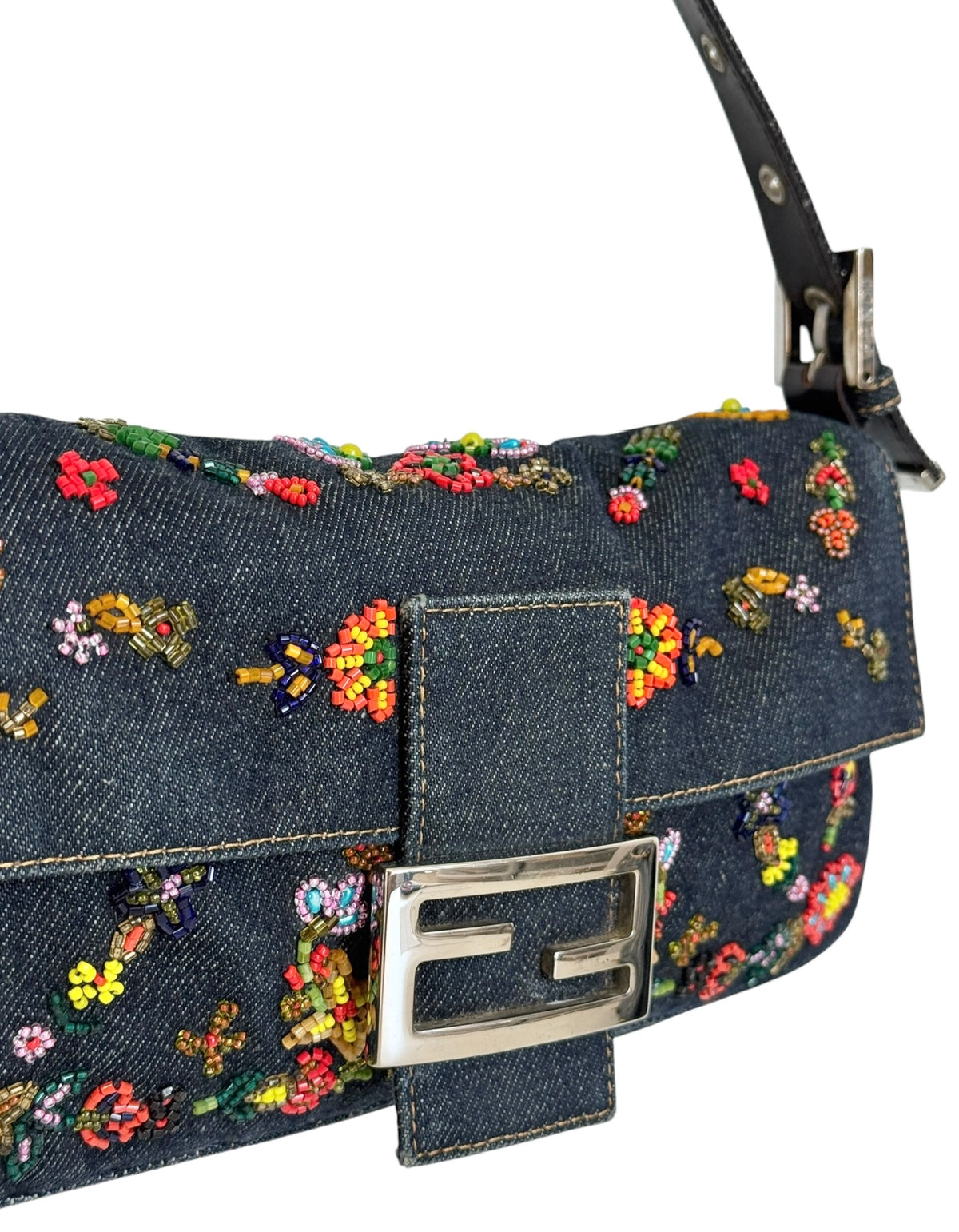 Fendi Vintage Blue Denim Floral Embroidered Beaded Shoulder Baguette Bag