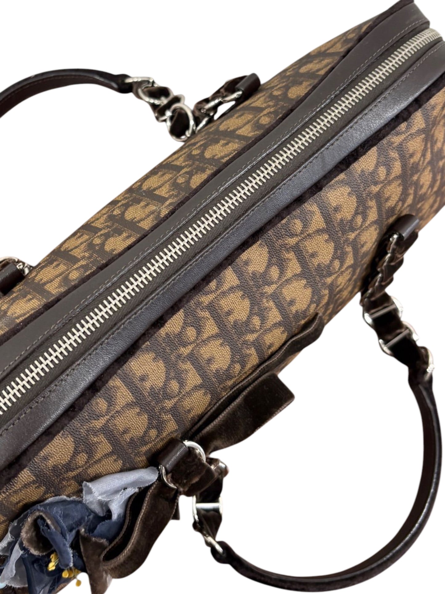 Dior Vintage 2005 Brown Diorissimo Monogram Canvas Romantique Velvet Bow Floral Trotter East West Shoulder Bag