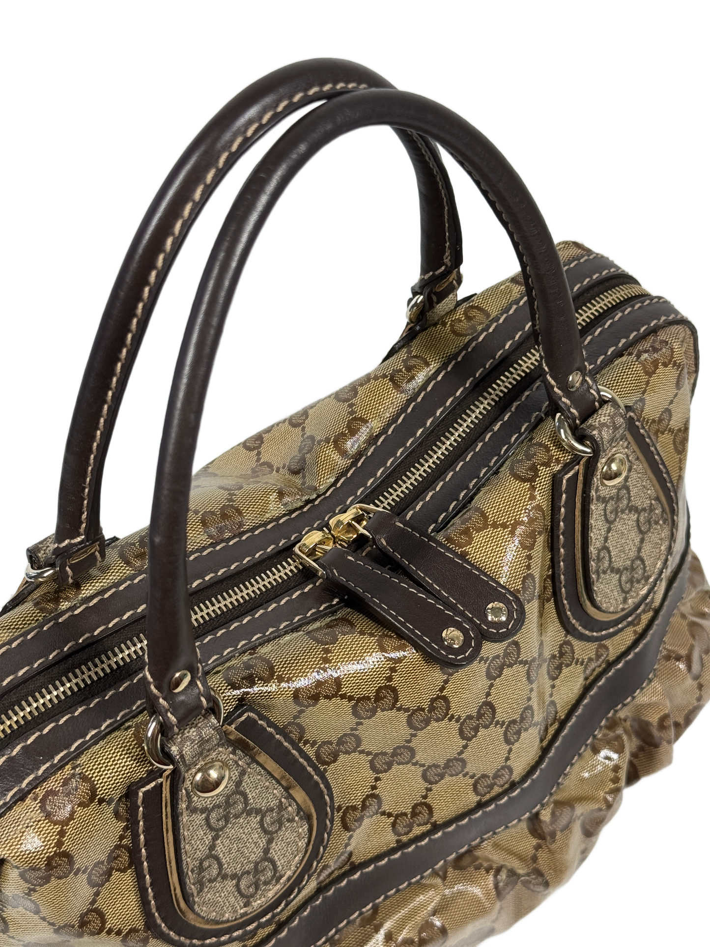 Gucci Vintage Coated Brown GG Monogram Canvas Crystal Mix Ruffle Handbag