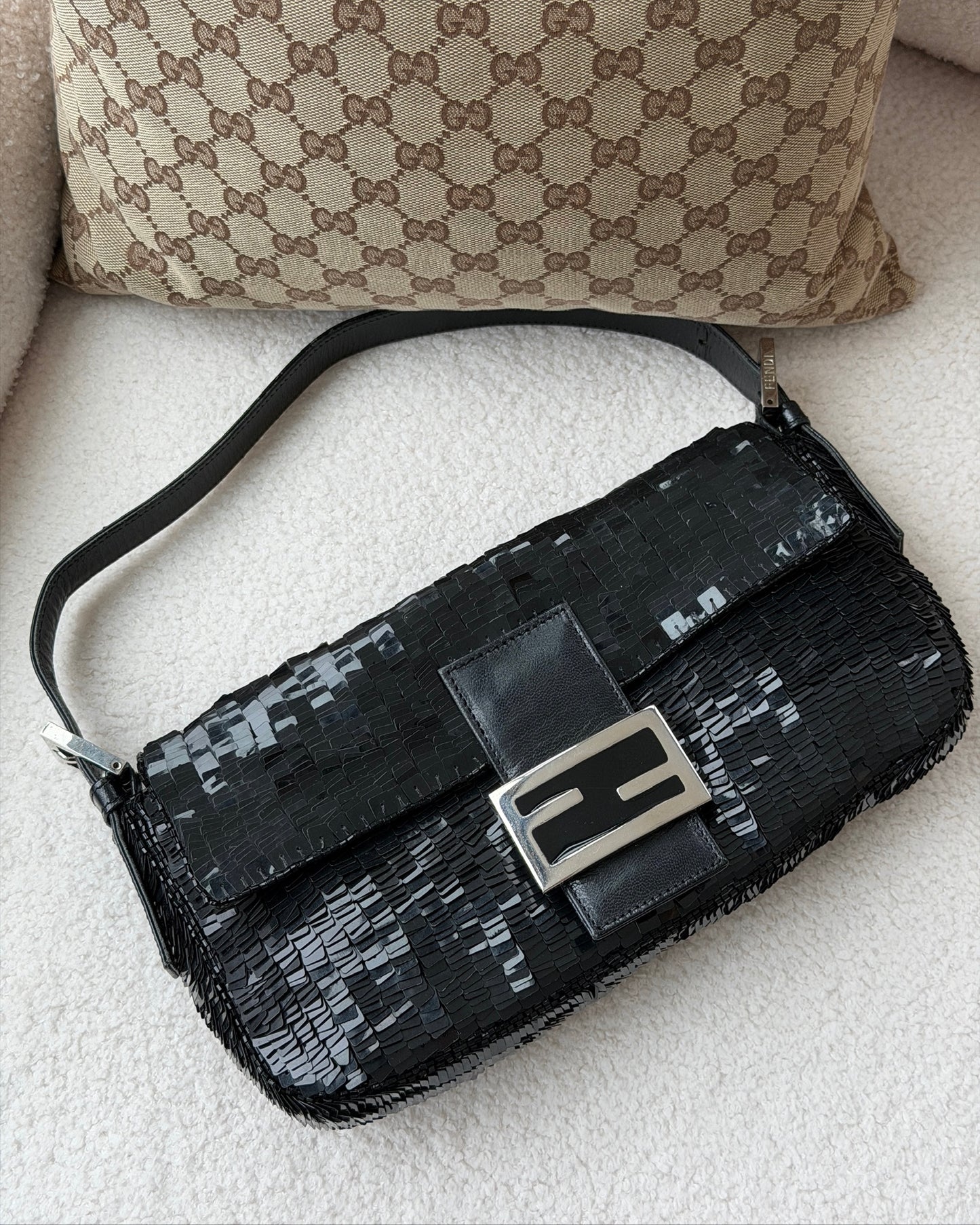 Fendi Vintage Black Paillettes Sequin Beaded Shoulder Baguette Bag