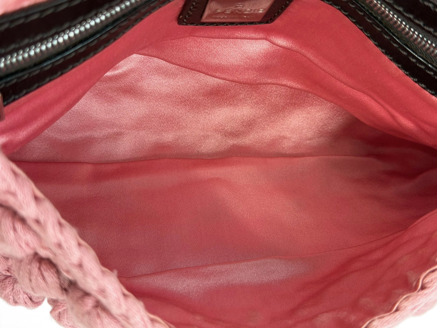 Fendi Vintage Pink Crochet Knit Shoulder Baguette Bag