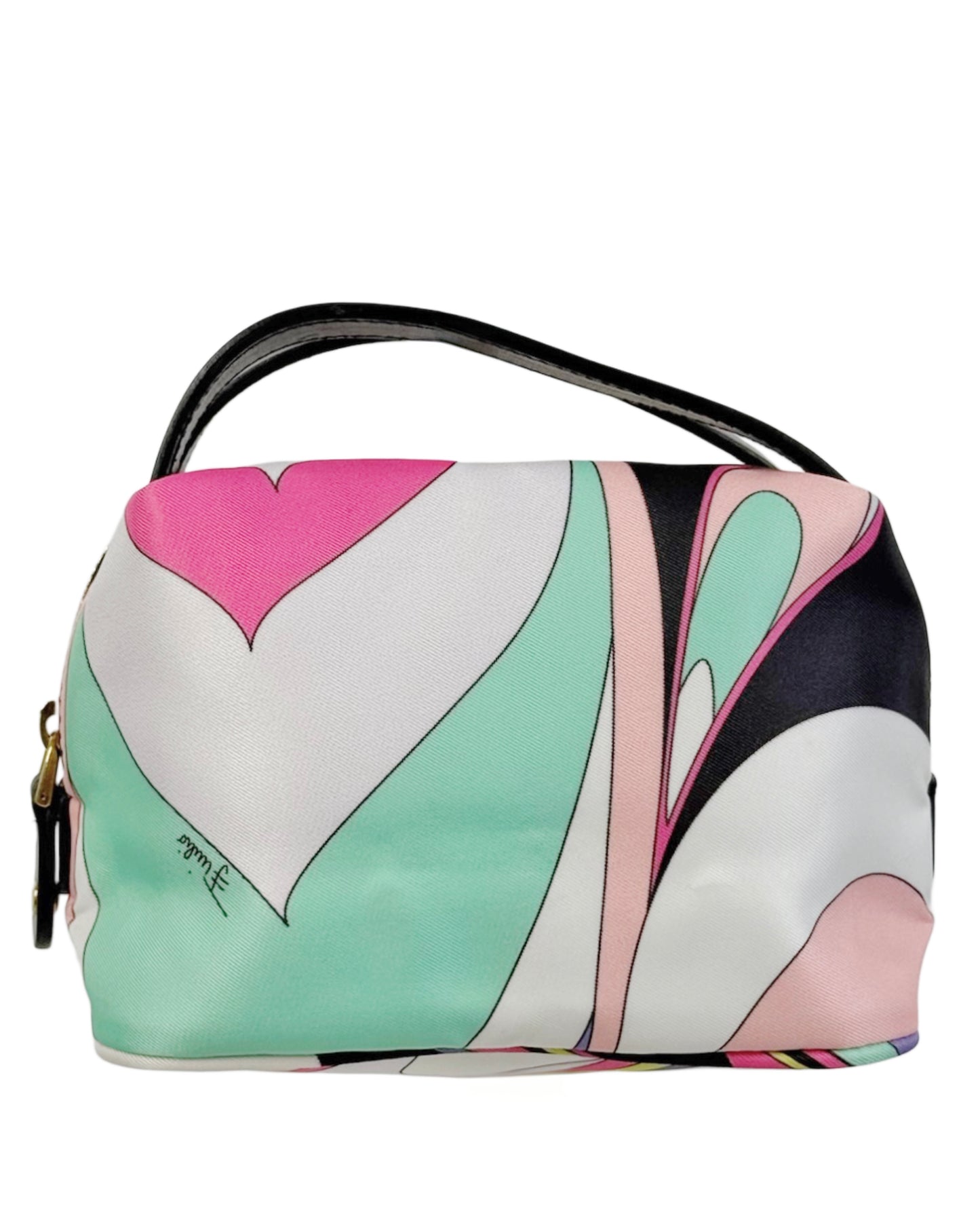 Emilio Pucci Multicolor Nylon Mini Top Handle Cosmetic Pouch Bag w Black Leather Trim