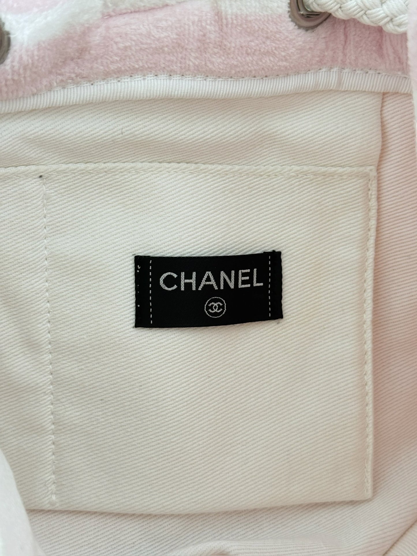 Chanel Vintage Pink and White Striped Terrycloth Large CC Logo Beach Backpack Duffle Bag 