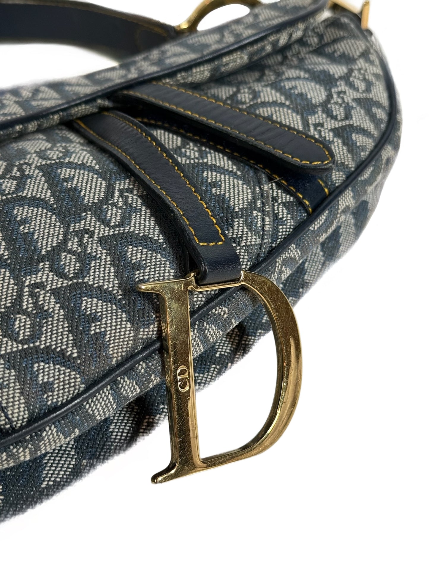 Dior Vintage 2002 Navy Blue Trotter Monogram Medium Saddle Bag