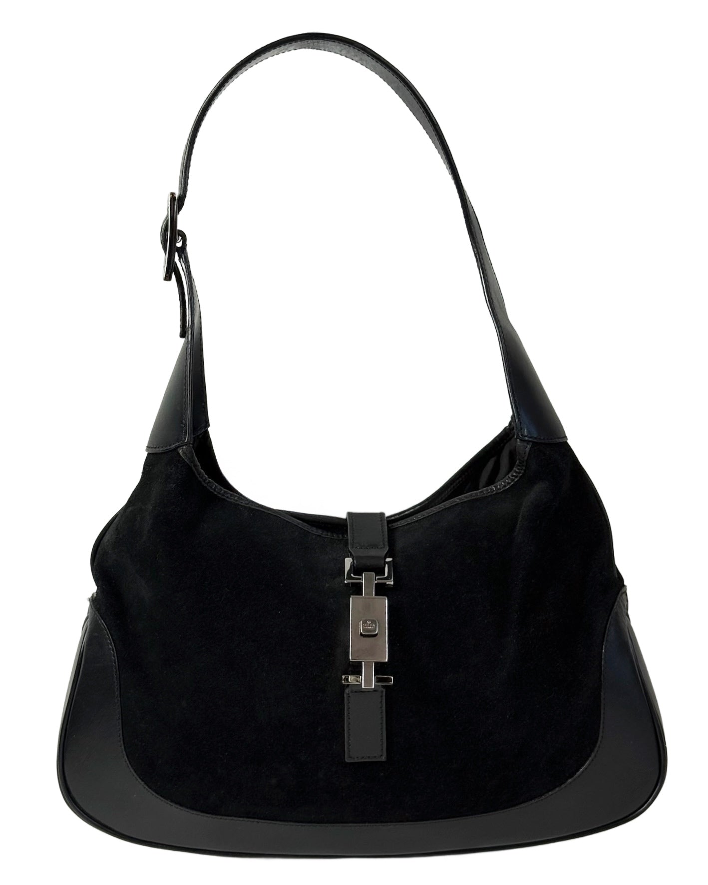 Gucci Vintage Black Suede Leather Trim Large Jackie O Shoulder Bag