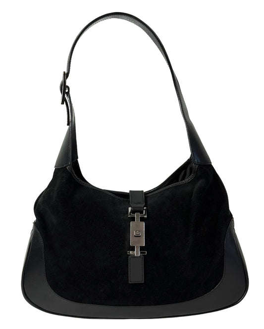 Gucci Vintage Black Suede Leather Trim Large Jackie O Shoulder Bag