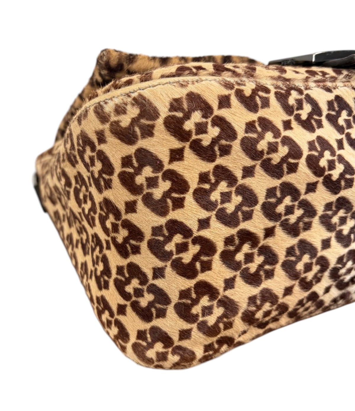 Fendi Vintage Light Beige Brown Geometric Print Pony Hair Shoulder Mamma Baguette Bag