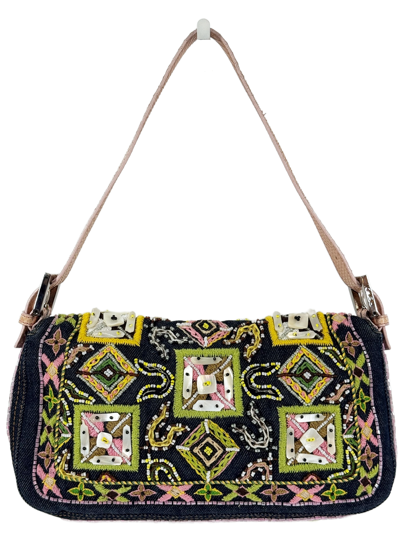 Fendi Vintage Blue Denim Pink Lizard Trim Green Fringe Beaded Embroidered Shoulder Baguette Bag
