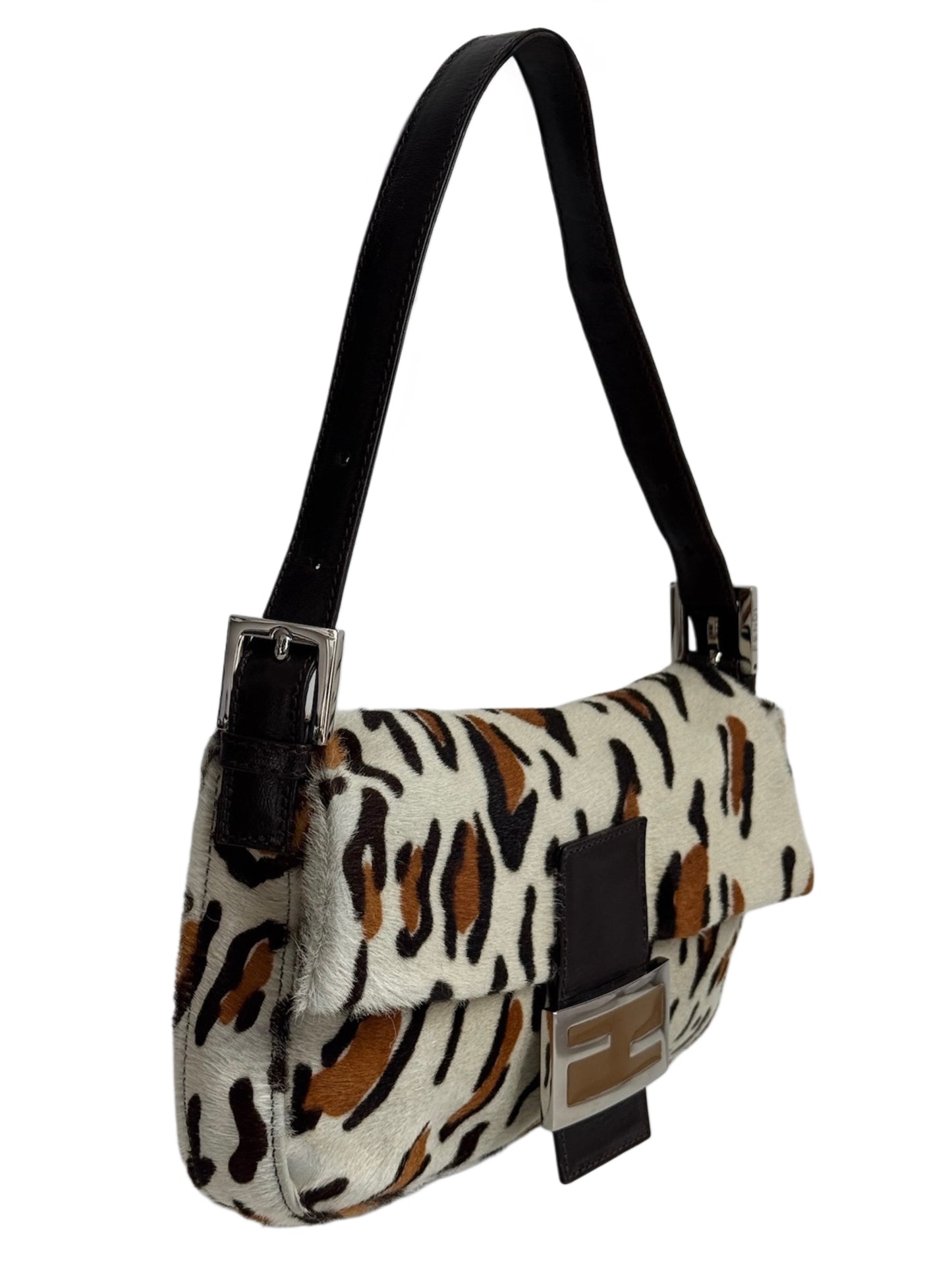 Fendi Vintage White & Brown Leopard Print Pony Hair Shoulder Baguette Bag